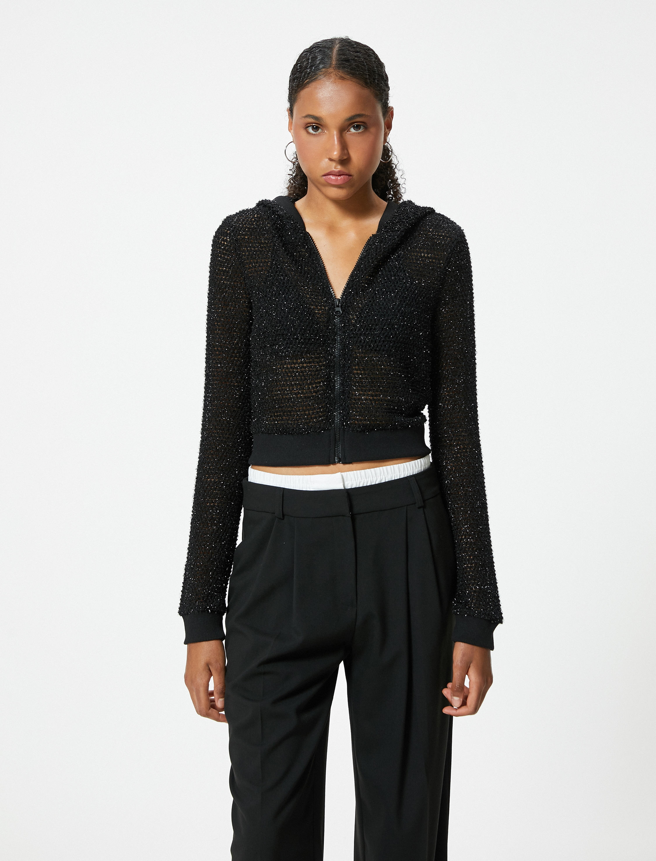   Crop Tişört Fermuarlı Kapüşonlu Uzun Kollu Simli Slim Fit