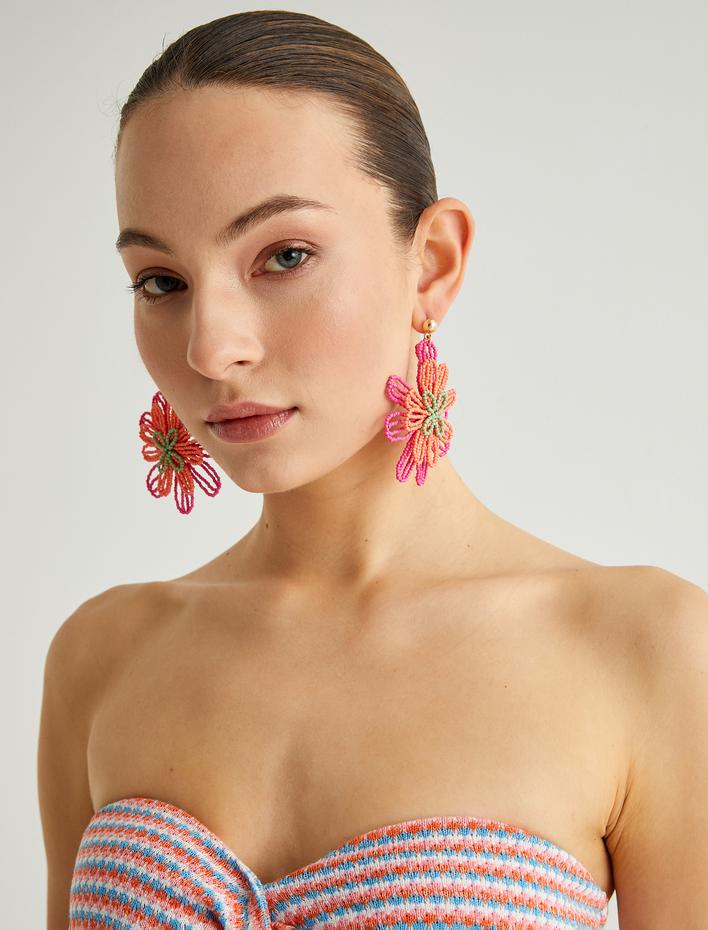 Kadın Boncuklu Çiçekli Küpe Sallantılı Büyük Boy - Koton X Sibil Çetinkaya