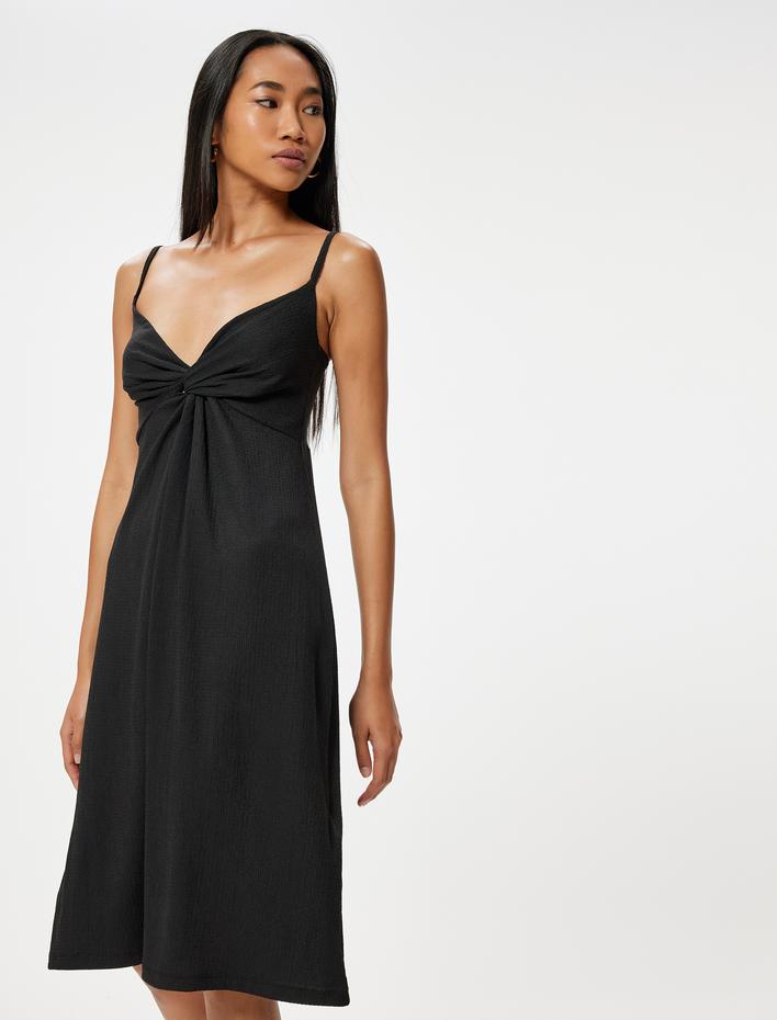  Midi İnce Askılı Elbise Kalp Yaka Önü Düğüm Detaylı Astarlı