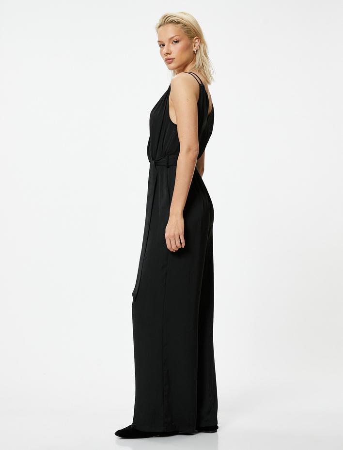  Askılı Kruvaze Yaka Tulum Kemerli Bol Paça Tam Boy