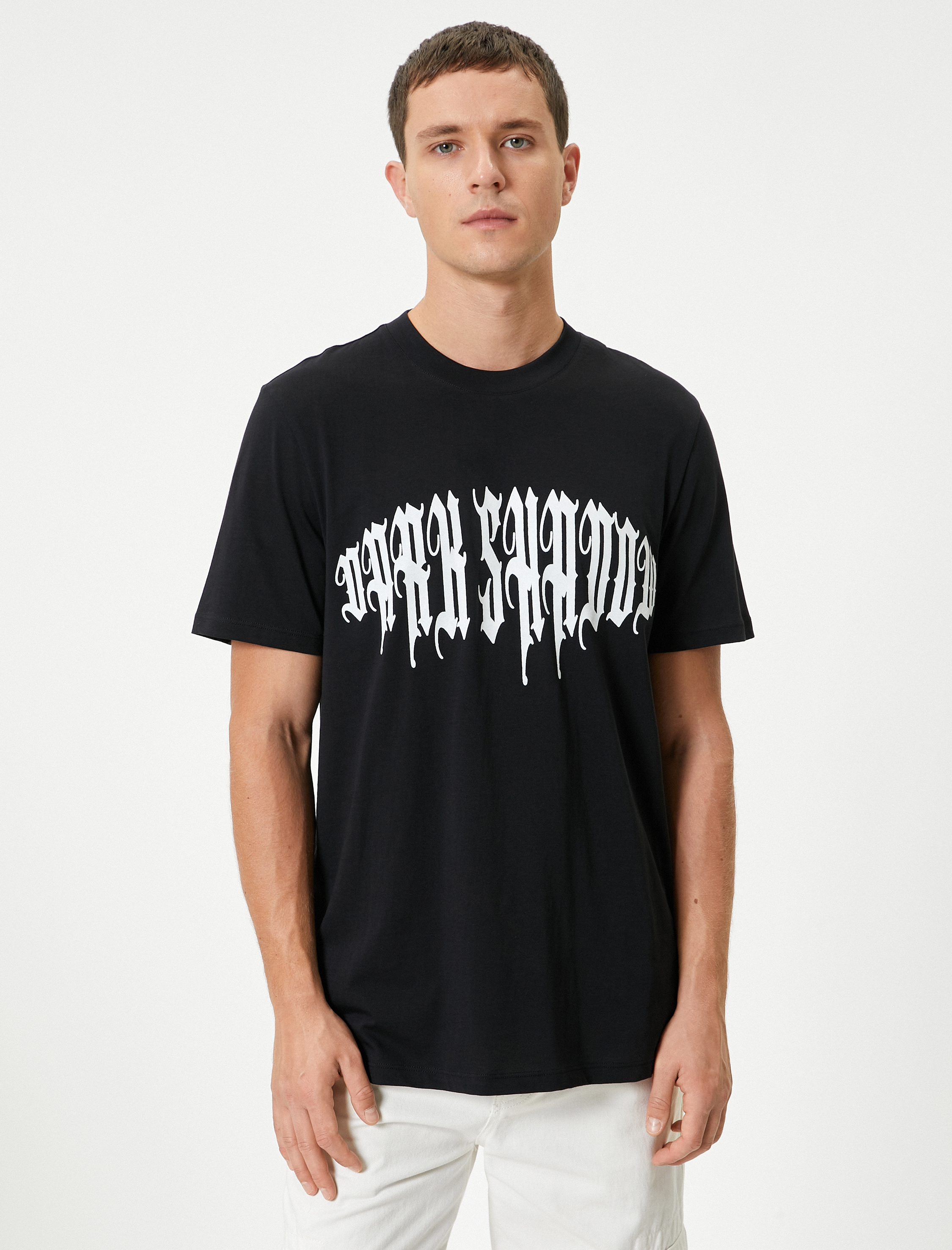   Kısa Kollu Bisiklet Yaka Pamuklu Slogan Baskılı Tişört