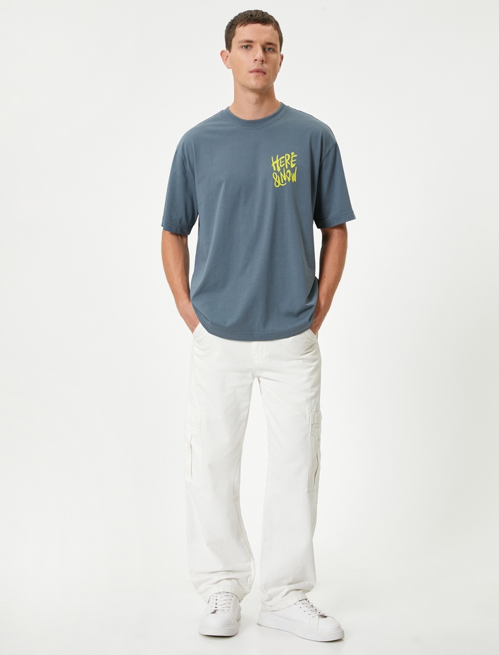  Oversize Tişört Slogan Baskılı Kısa Kollu Bisiklet Yaka Pamuklu