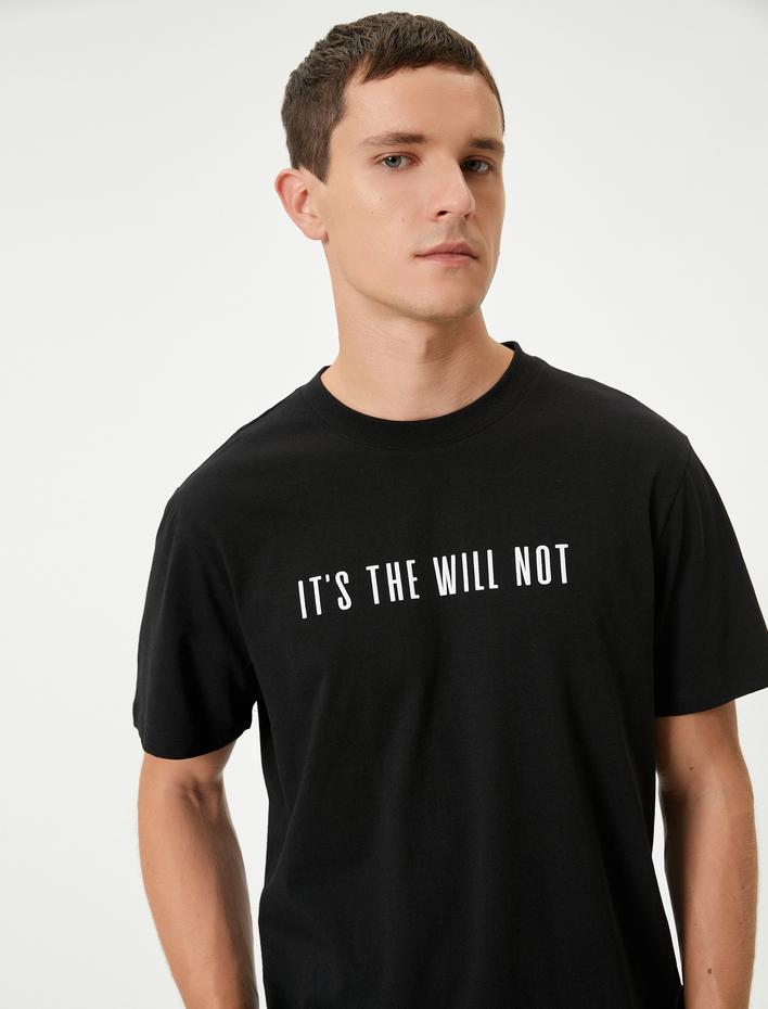  Slogan Baskılı Tişört Kısa Kollu Bisiklet Yaka Pamuklu