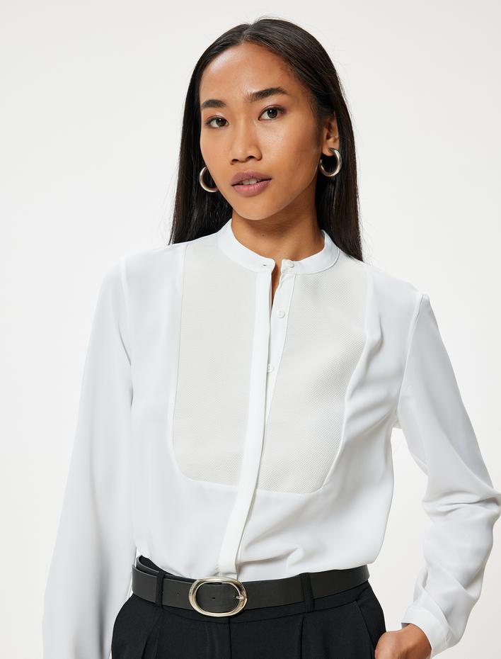  Saten Gömlek Yakasız Uzun Kollu İki Farklı Kumaş Kullanımlı