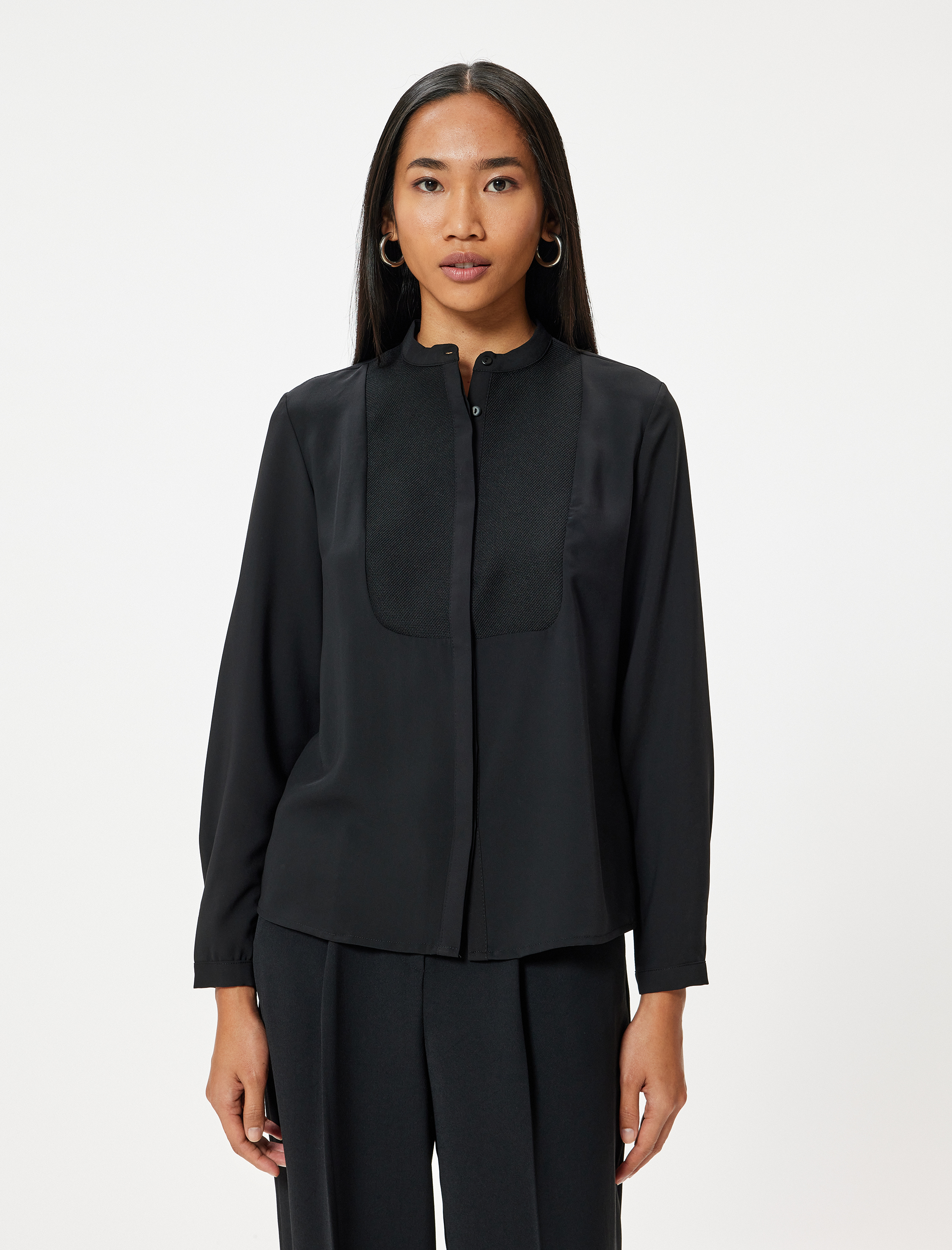   Saten Gömlek Yakasız Uzun Kollu İki Farklı Kumaş Kullanımlı