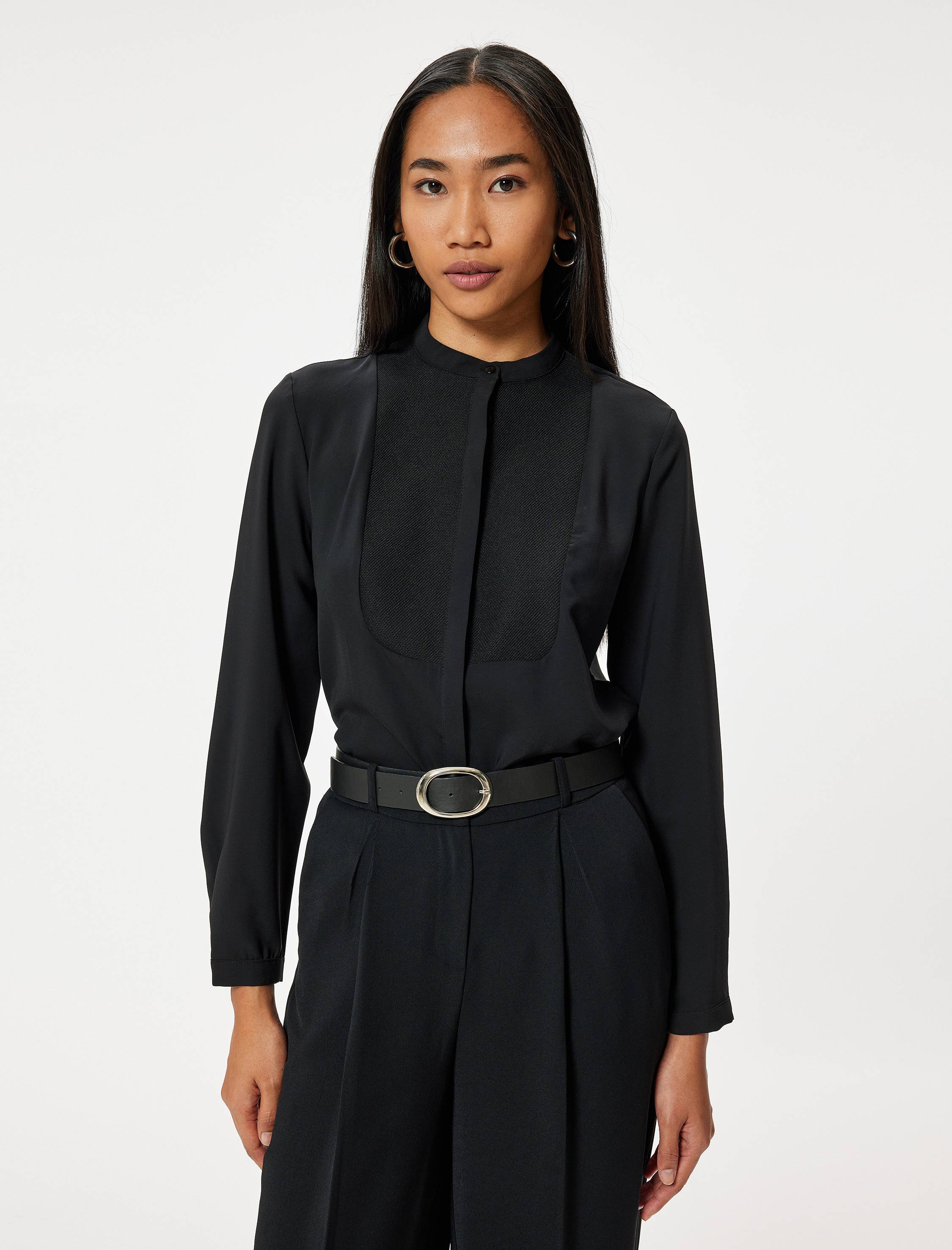   Saten Gömlek Yakasız Uzun Kollu İki Farklı Kumaş Kullanımlı