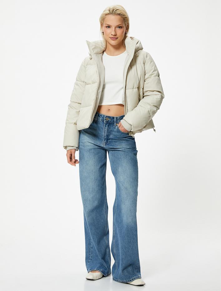  Kapüşonlu Şişme Mont  Cepli Fermuarlı