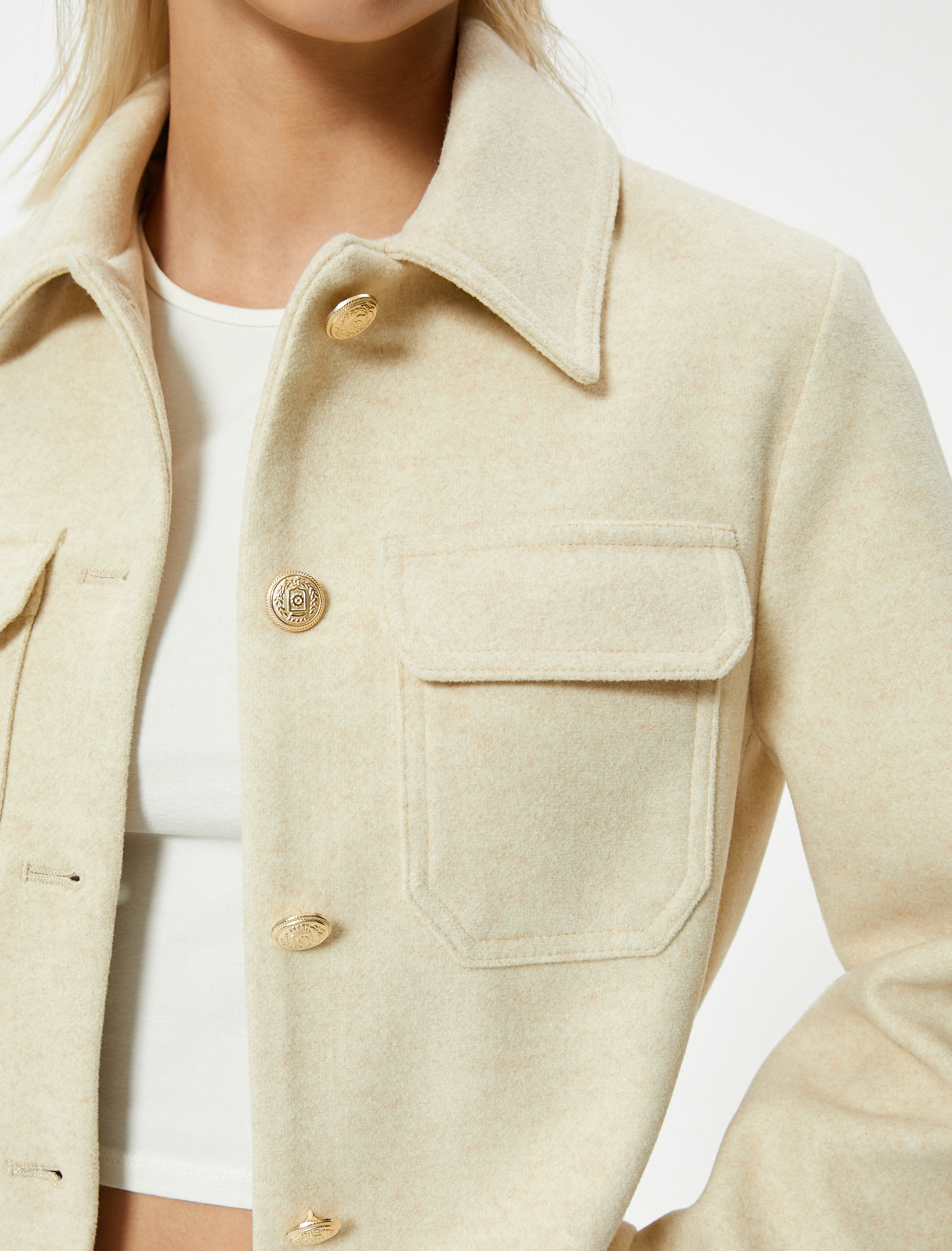   Kaşe Kısa Ceket Gömlek Yaka Kapaklı Cep Detaylı Gold Düğmeli