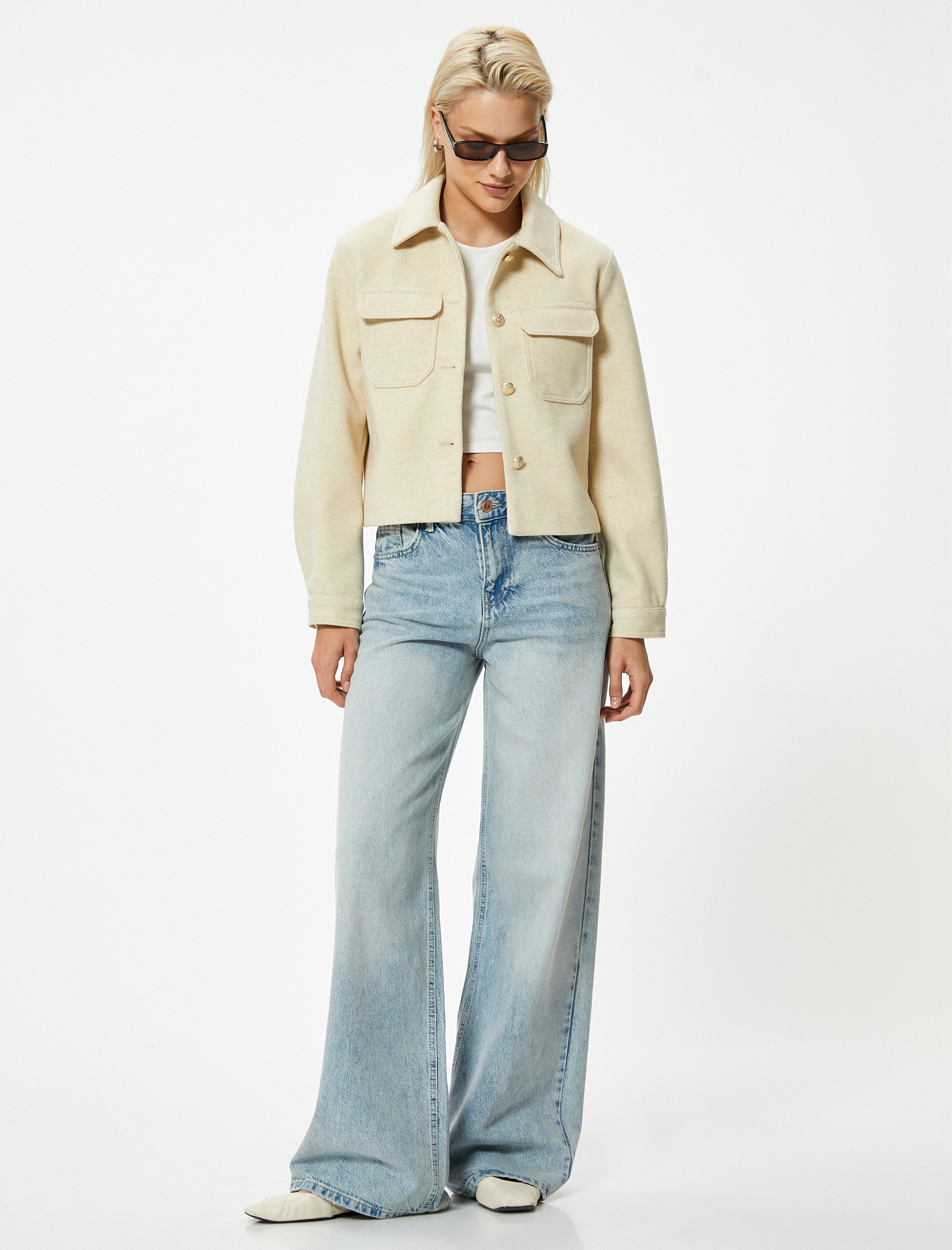   Kaşe Kısa Ceket Gömlek Yaka Kapaklı Cep Detaylı Gold Düğmeli