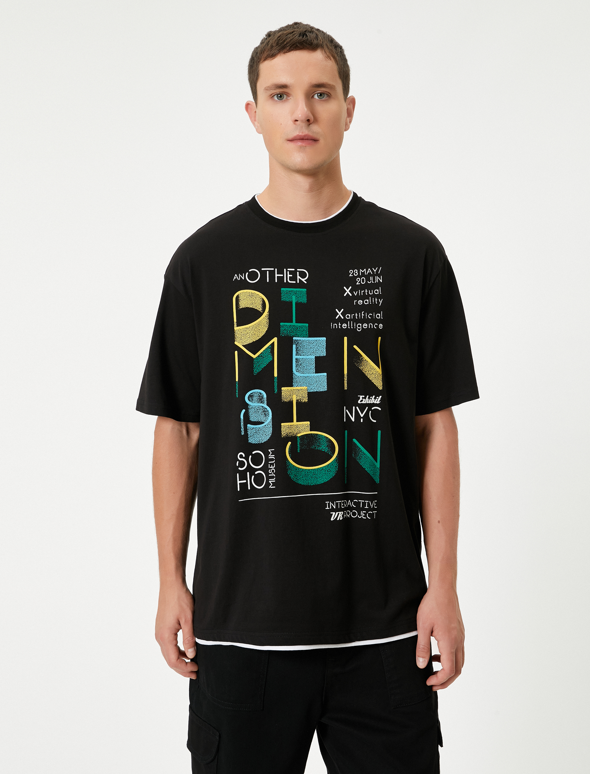   Oversize Tişört Slogan Baskılı Bisiklet Yaka Kısa Kollu Yaka Detaylı Pamuklu