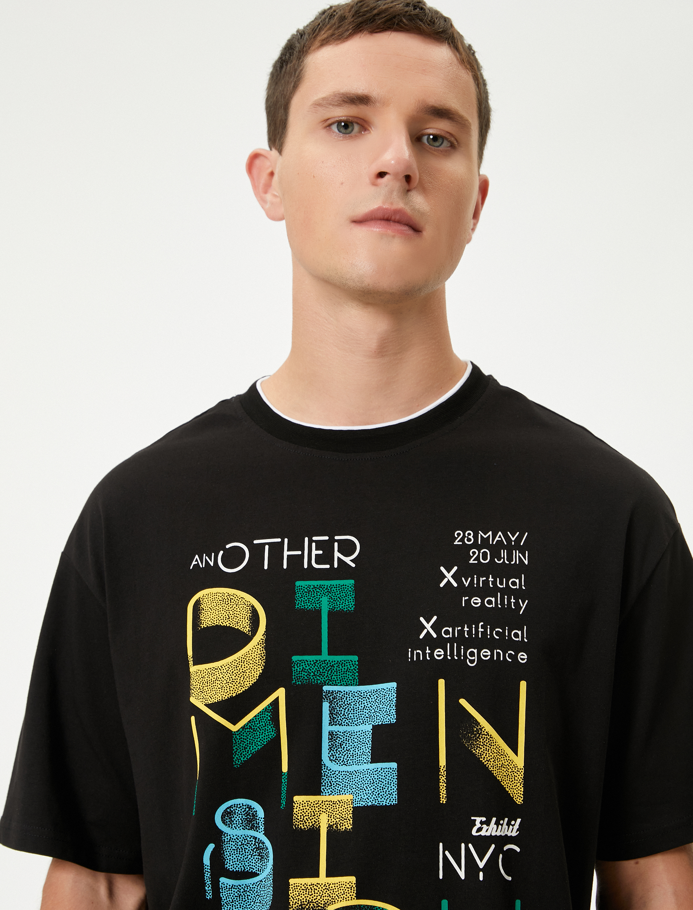   Oversize Tişört Slogan Baskılı Bisiklet Yaka Kısa Kollu Yaka Detaylı Pamuklu