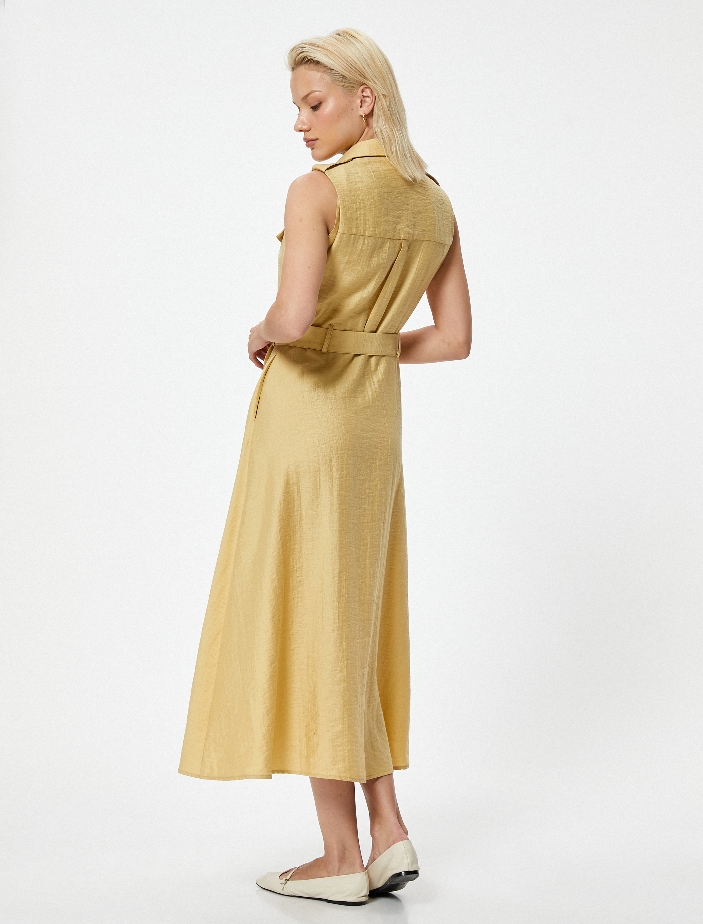   Uzun Gömlek Elbise Kolsuz Kemerli Lyocell Kumaş Karışımlı