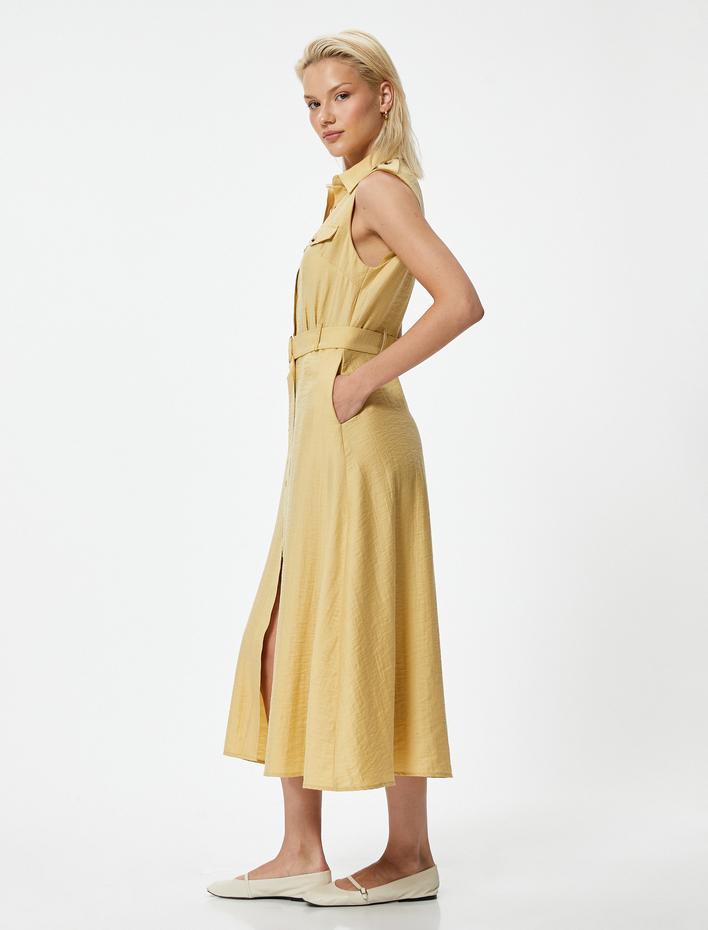  Uzun Gömlek Elbise Kolsuz Kemerli Lyocell Kumaş Karışımlı