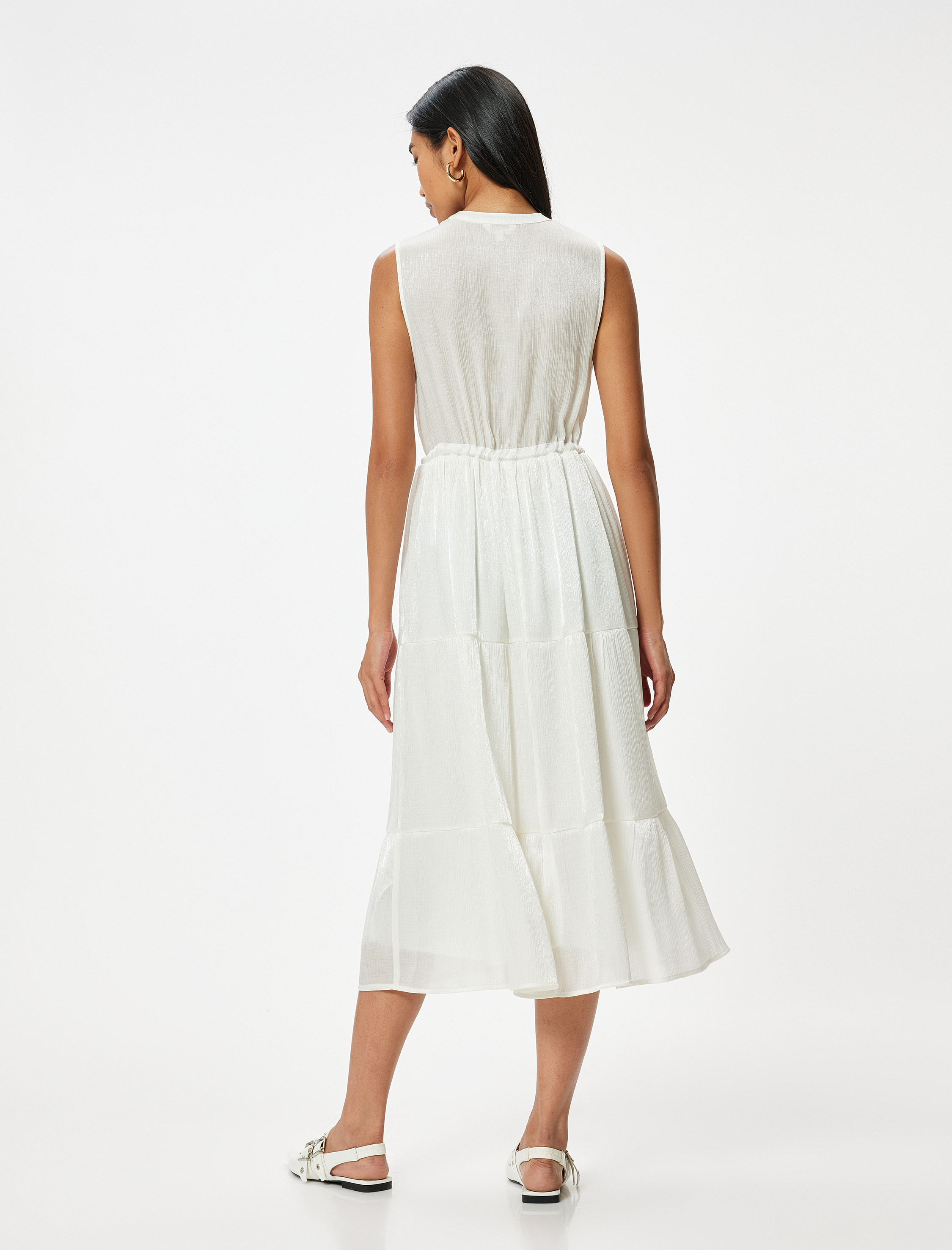   Kolsuz Midi Boy Viskon Elbise Parlak Beli Bağlamalı Astarlı