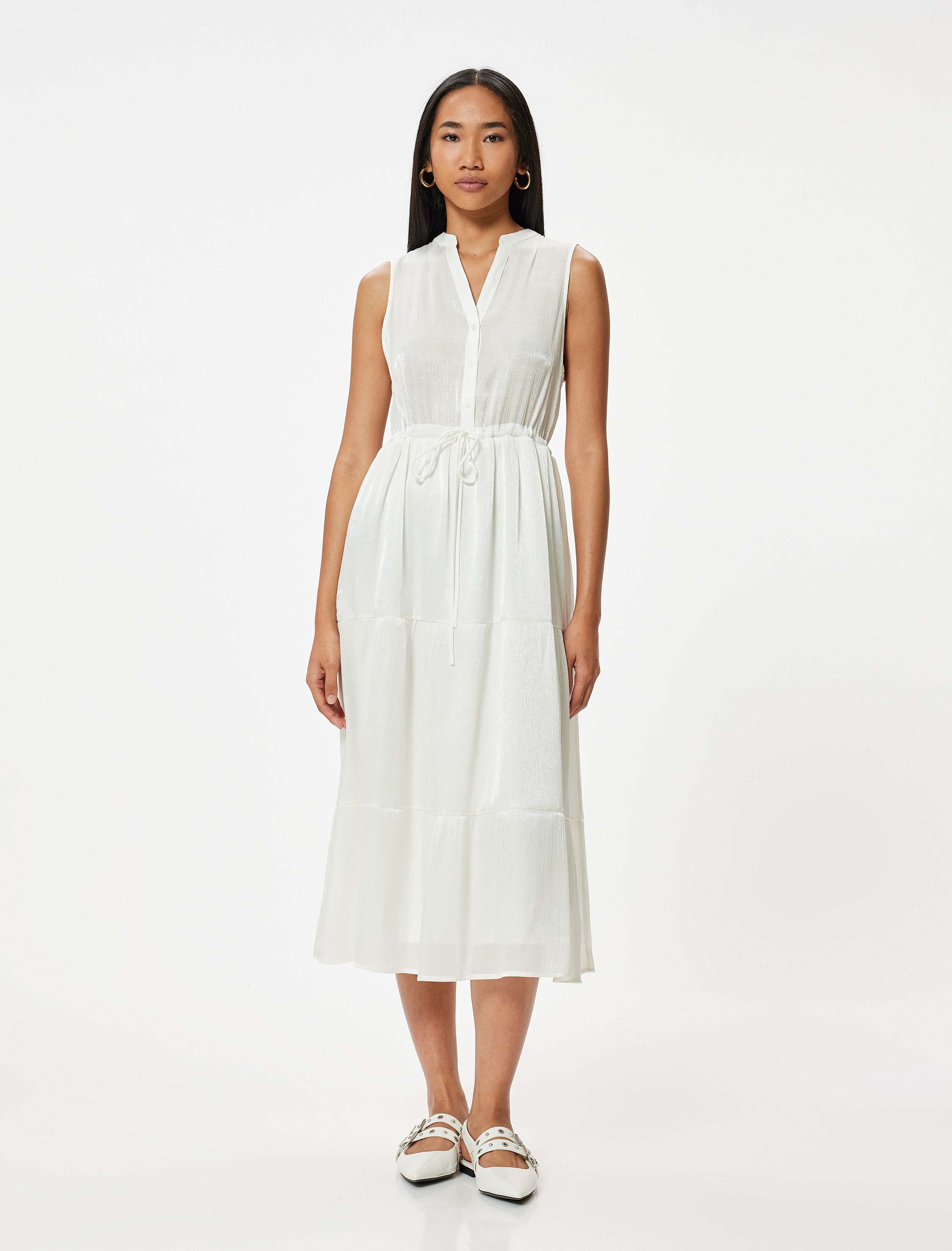   Kolsuz Midi Boy Viskon Elbise Parlak Beli Bağlamalı Astarlı