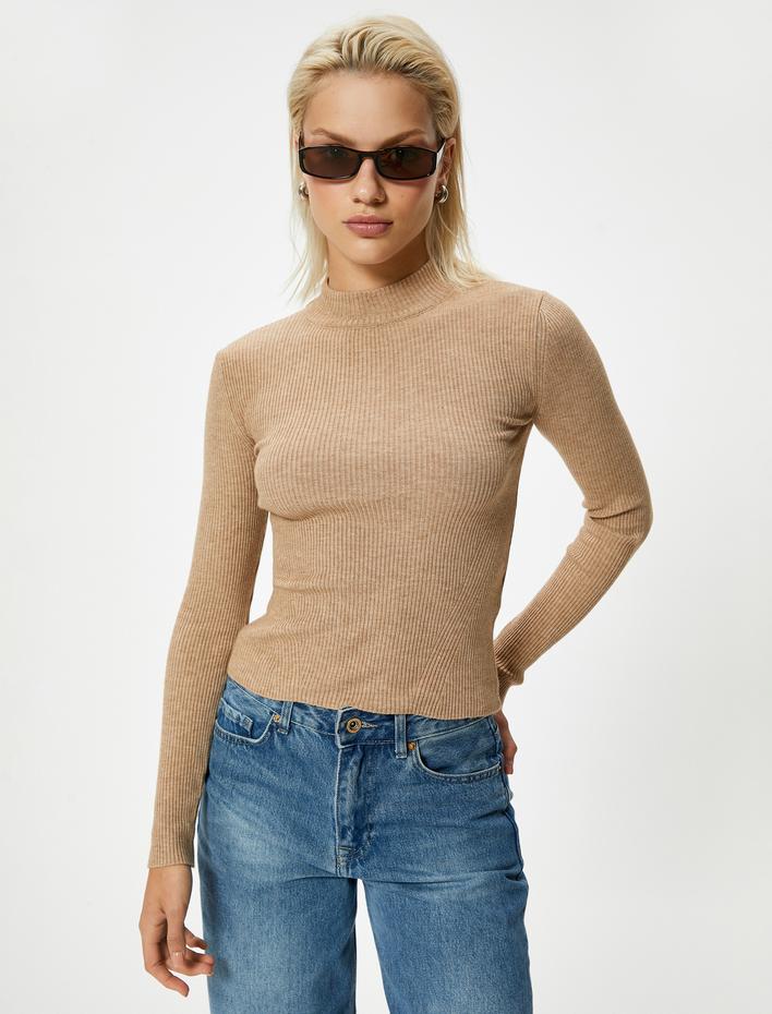  Dik Yaka Basic Fitilli Uzun Kollu Triko Kazak
