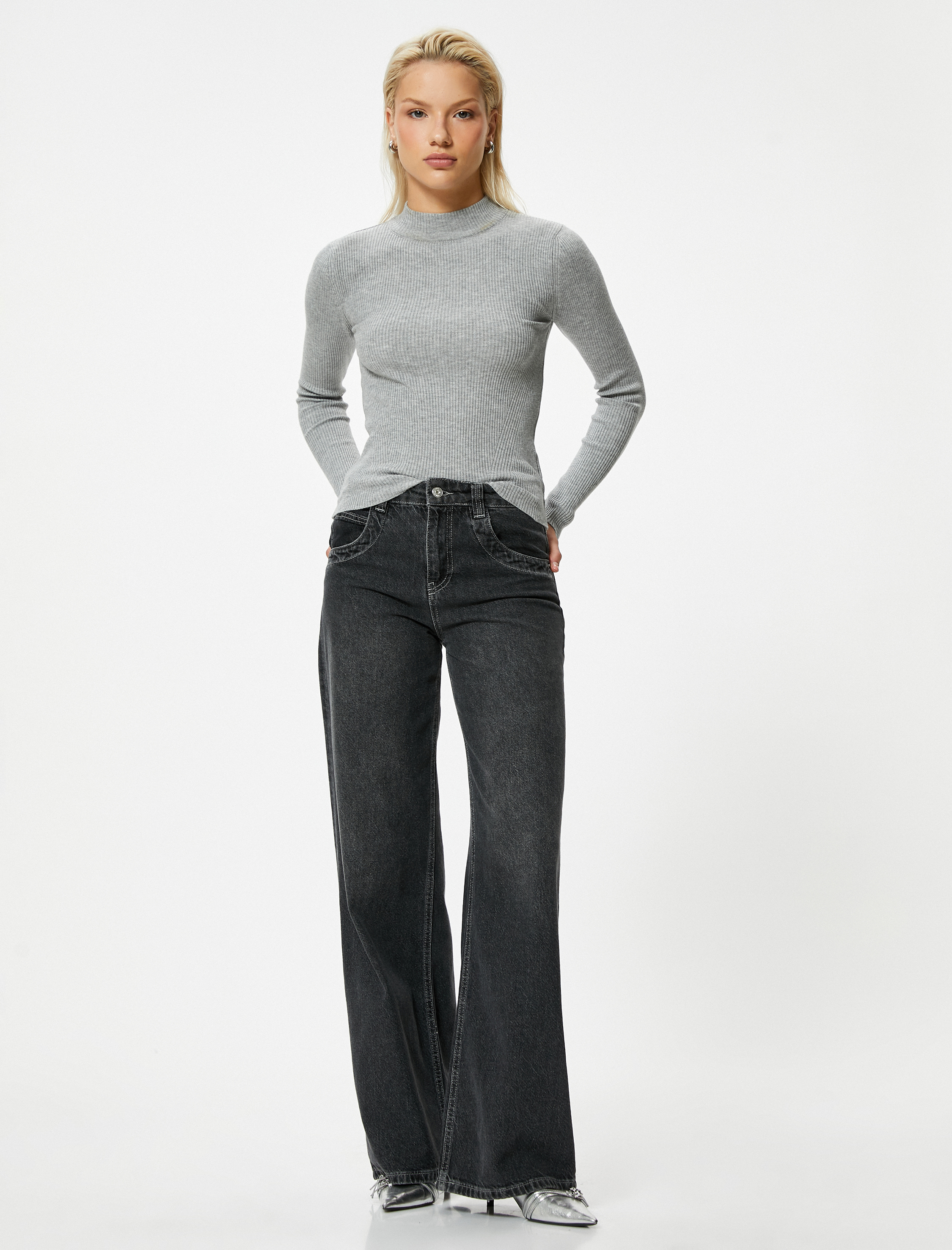 Dik Yaka Basic Fitilli Uzun Kollu Triko Kazak