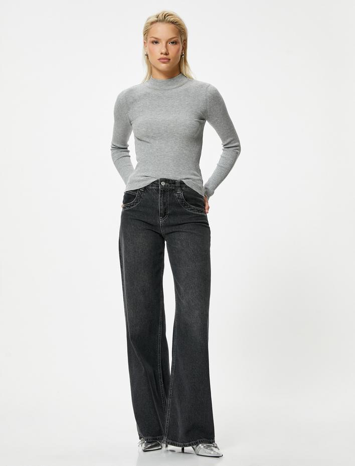  Dik Yaka Basic Fitilli Uzun Kollu Triko Kazak