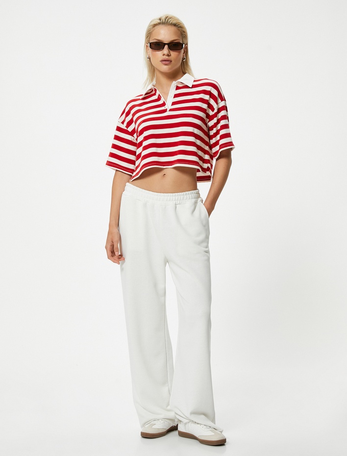  Polo Yaka Crop Tişört Kısa Kollu Düğmeli İnce Örme Kumaş