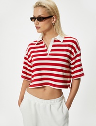 Polo Yaka Crop Tişört Kısa Kollu Düğmeli İnce Örme Kumaş