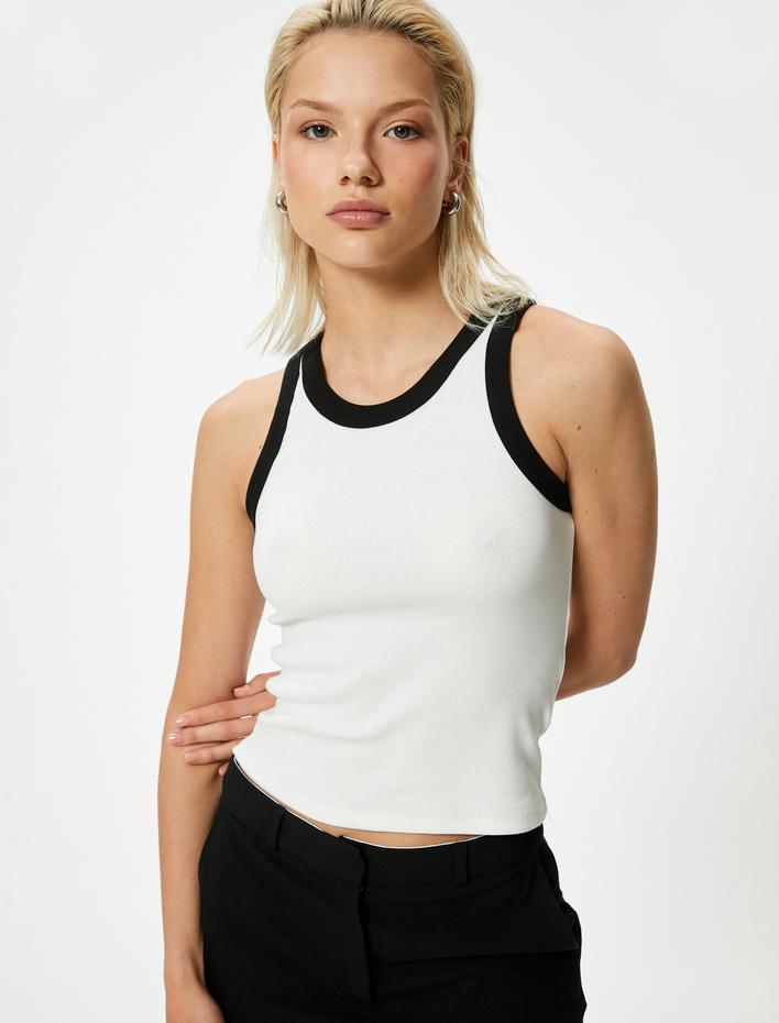  Halter Yaka Atlet Renk Kontrastlı Fitilli Pamuklu Slim Fit