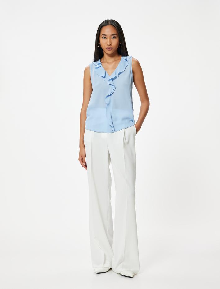  Kolsuz Fırfırlı Şifon Bluz V Yaka