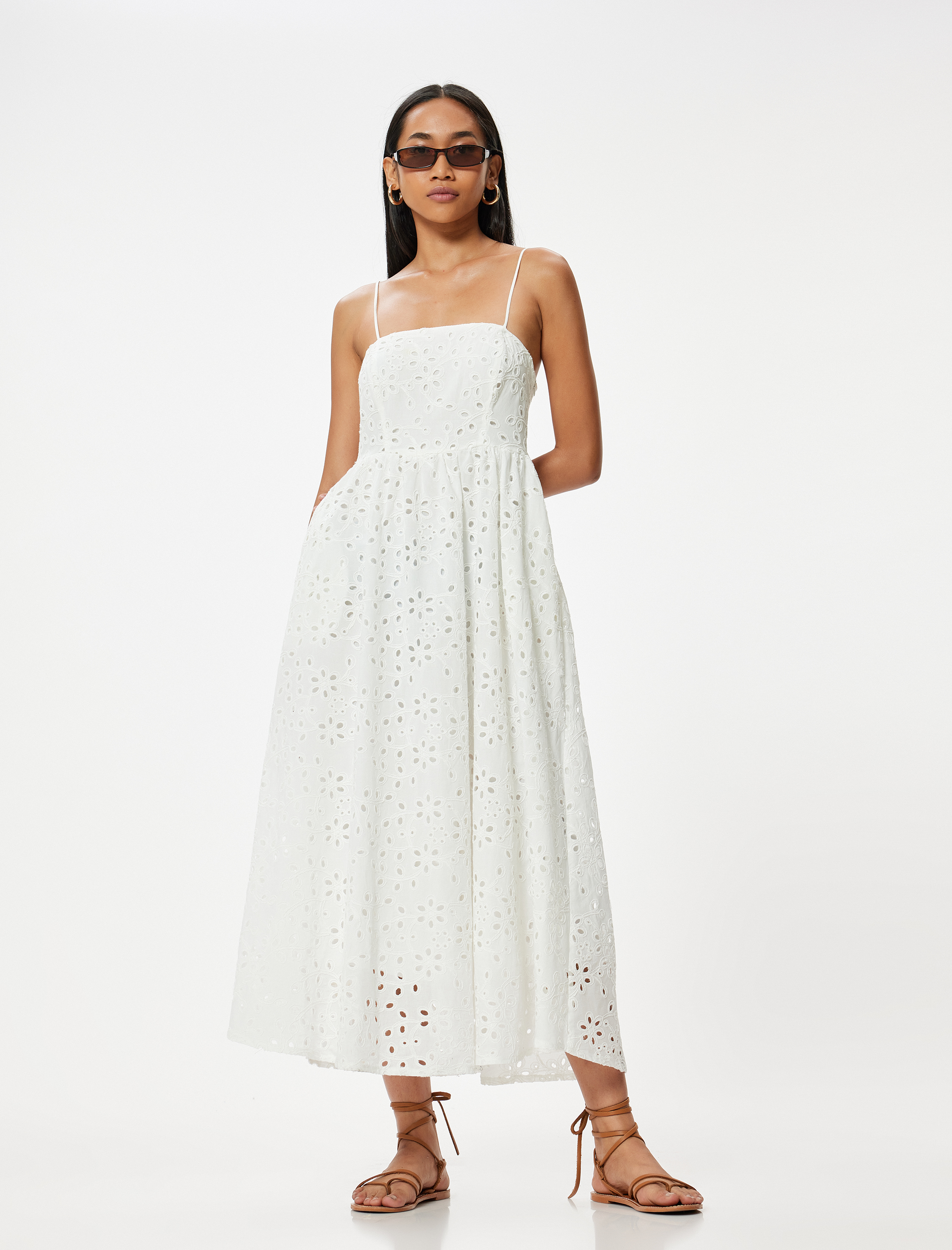   Uzun Fisto Elbise İnce Askılı Çan Etek Astarlı Cepli