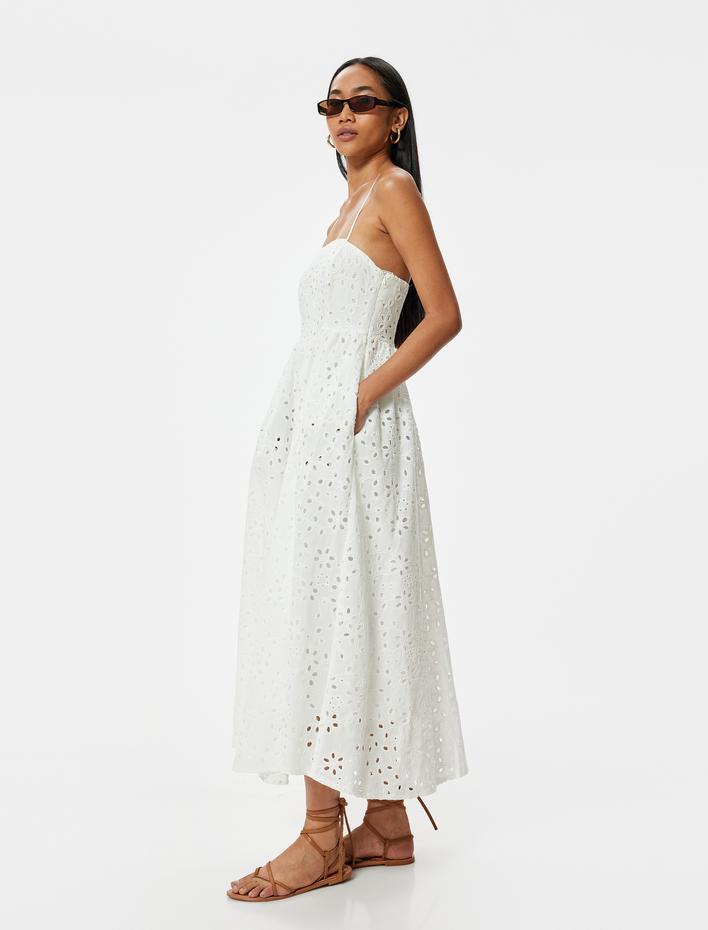  Uzun Fisto Elbise İnce Askılı Çan Etek Astarlı Cepli