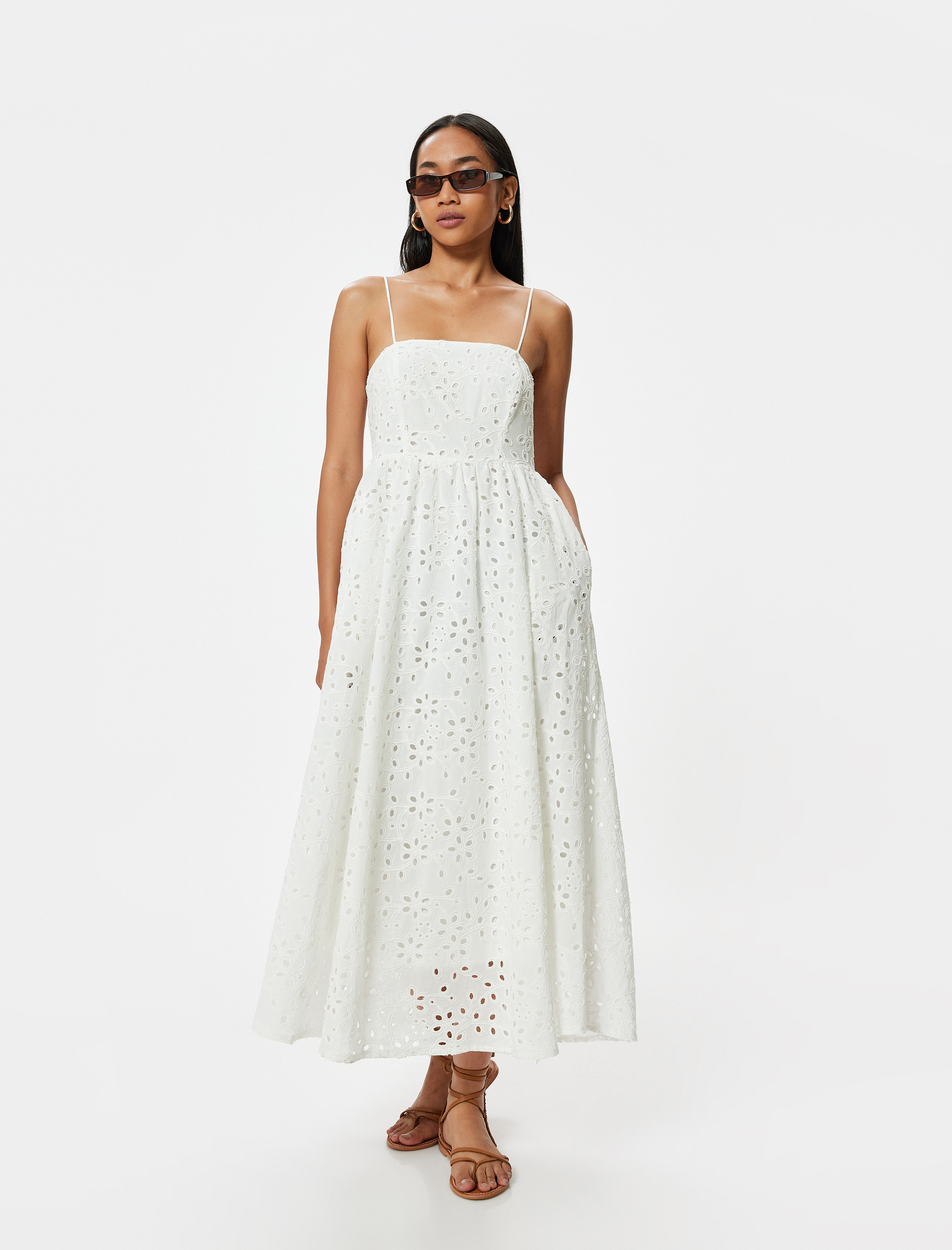   Uzun Fisto Elbise İnce Askılı Çan Etek Astarlı Cepli