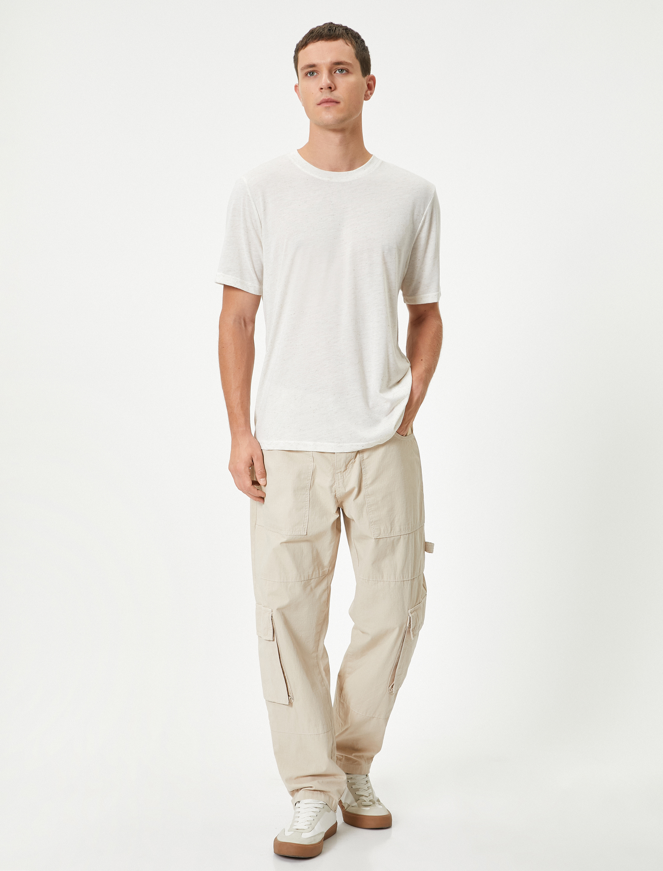 Basic Tişört Kısa Kollu Bisiklet Yaka Keten Karışımlı