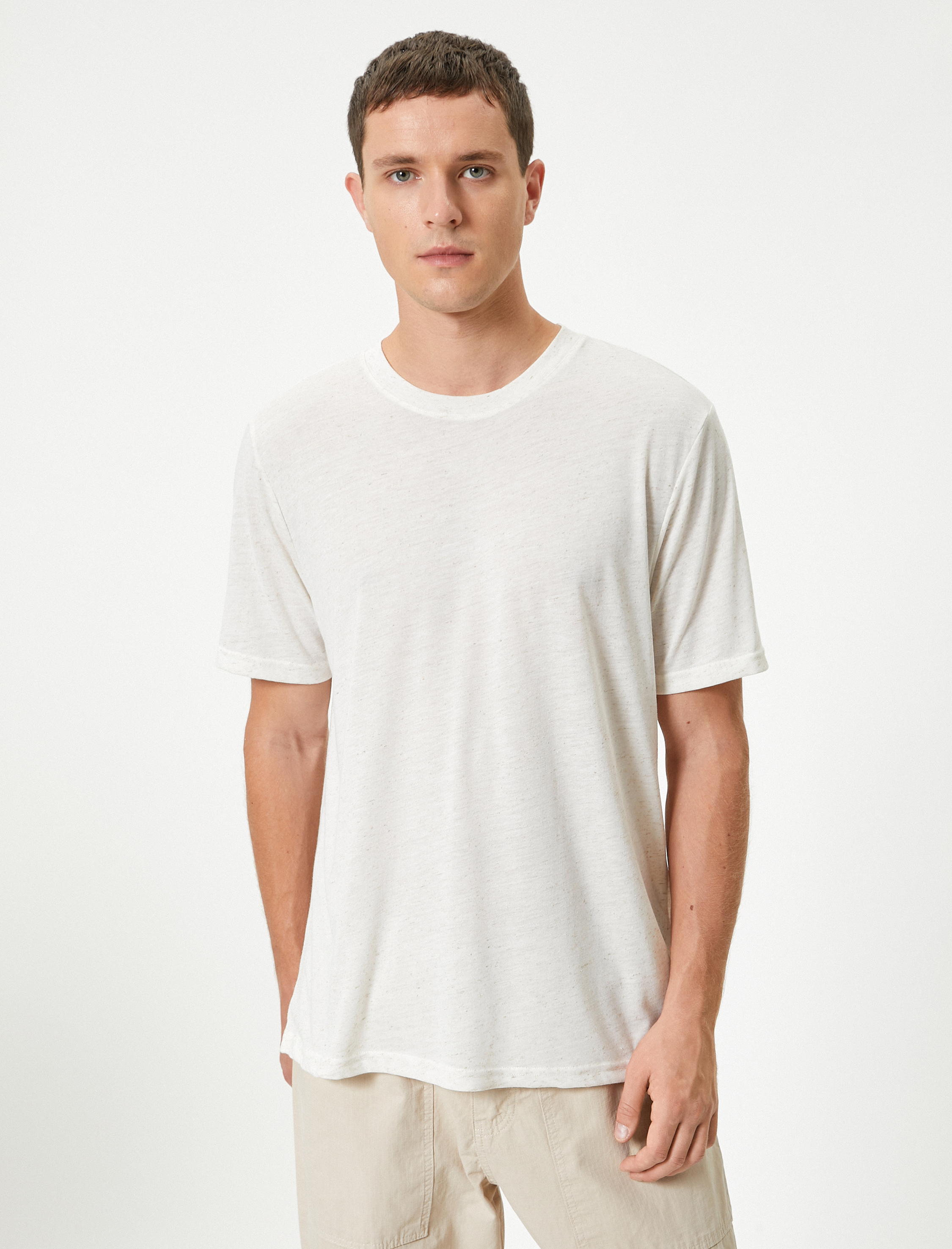 Basic Tişört Kısa Kollu Bisiklet Yaka Keten Karışımlı