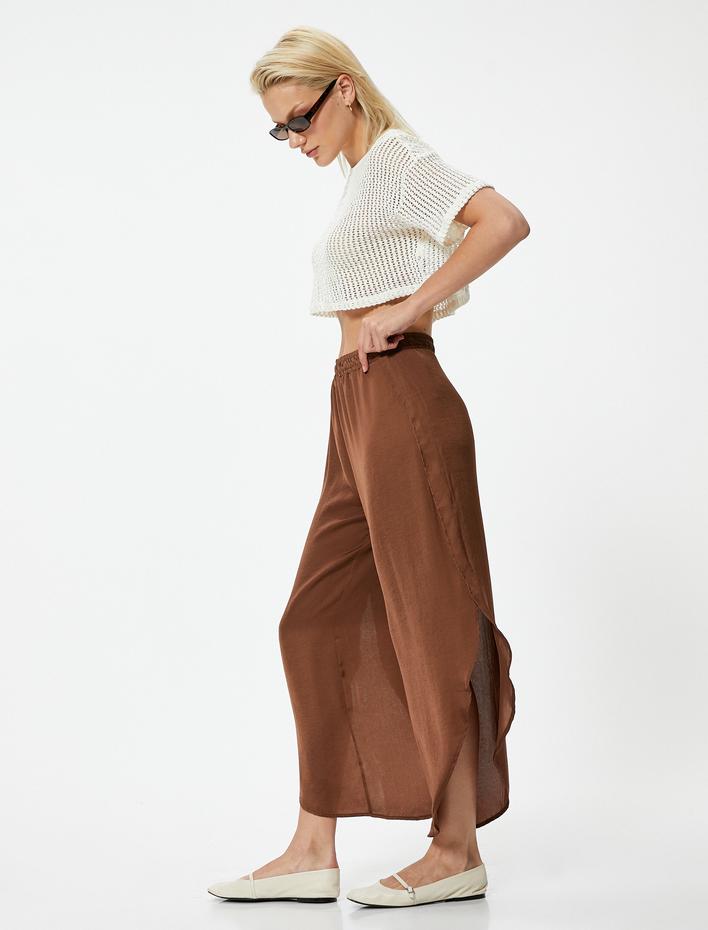  Asimetrik Yırtmaç Detaylı Pantolon Rahat Kalıp Aerobin Kumaş