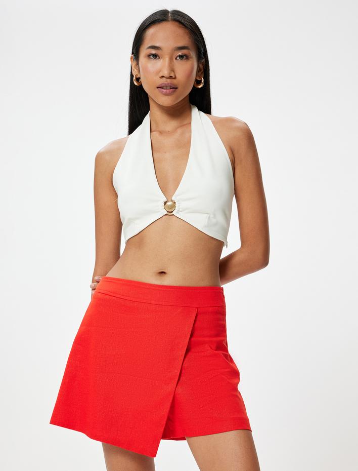  Koton X Sibil Çetinkaya - Mini Keten Şort Etek Kruvaze Standart Bel