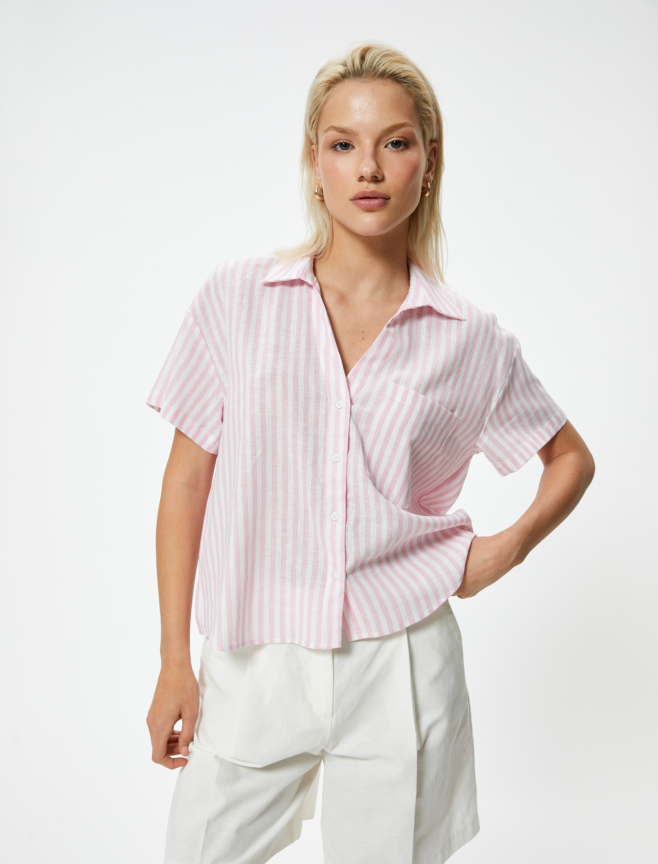   Keten Gömlek Kısa Kollu Tek Cep Detaylı