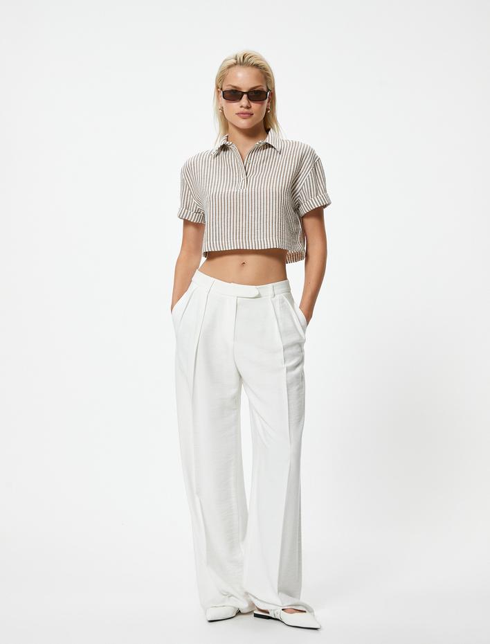  Kısa Kollu Crop Gömlek Yarım Düğme Detaylı