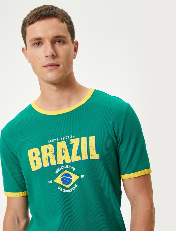  Slim Fit Tişört Slogan Baskılı Kısa Kollu Bisiklet Yaka Çizgi Detaylı