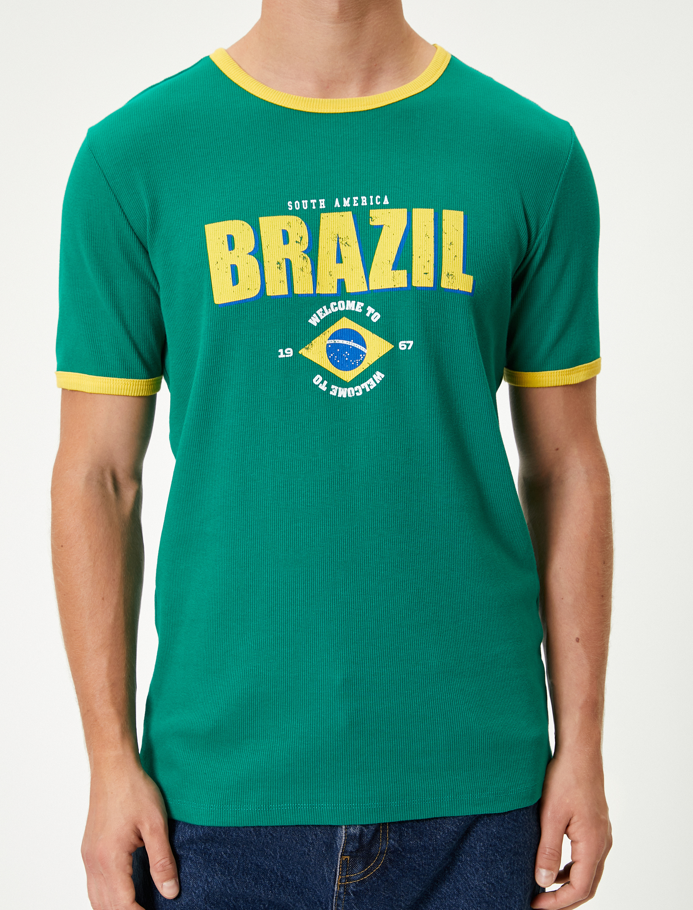   Slim Fit Tişört Slogan Baskılı Kısa Kollu Bisiklet Yaka Çizgi Detaylı