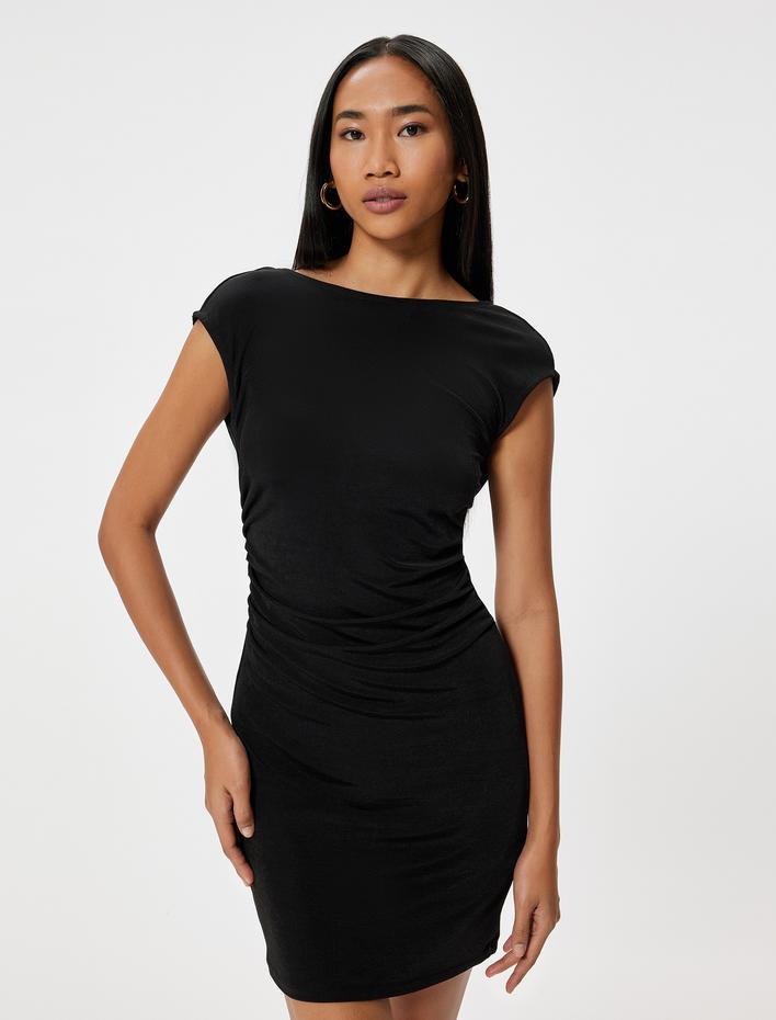  Sırt Dekolteli Mini Kalem Elbise Kap Kol Yuvarlak Yaka