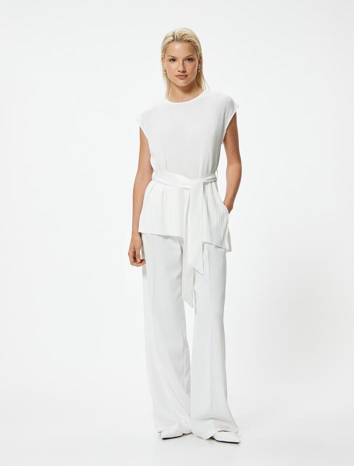  Kolsuz Tunik Kemer Detaylı Yuvarlak Yaka Dokulu