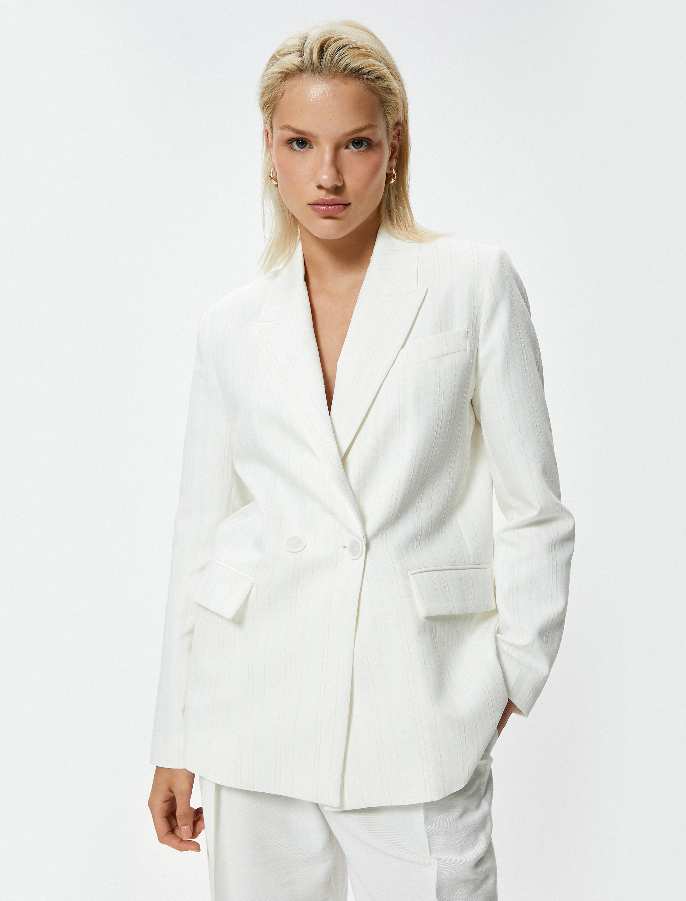   Kruvaze Blazer Ceket Kapaklı Cep Detaylı Astarlı Viskoz Kumaş