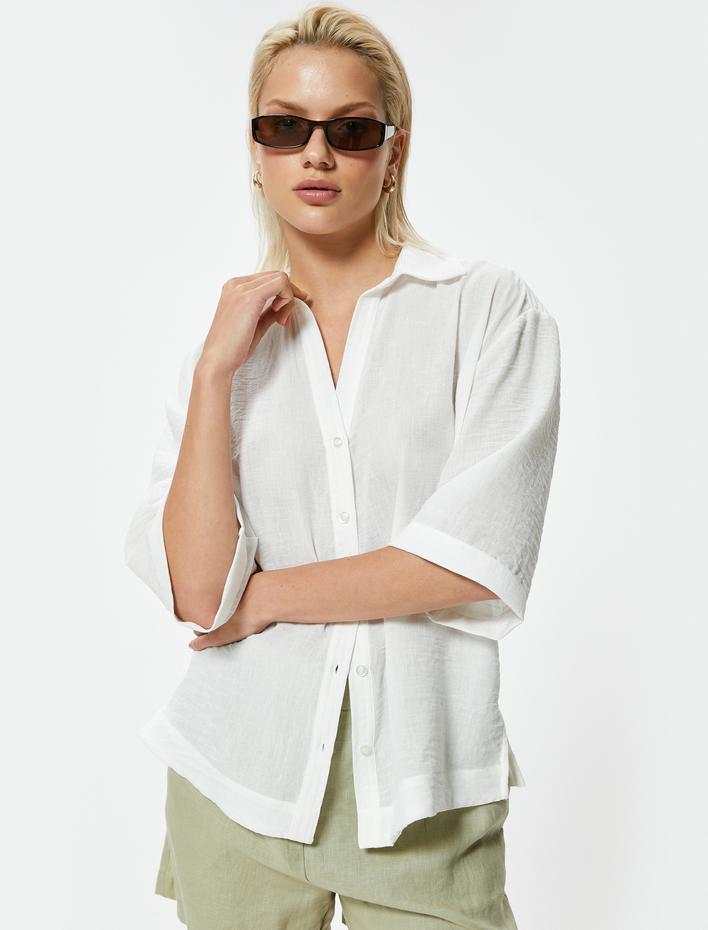  Bol Kalıp Gömlek 3/4 Kısa Kollu Klasik Yaka