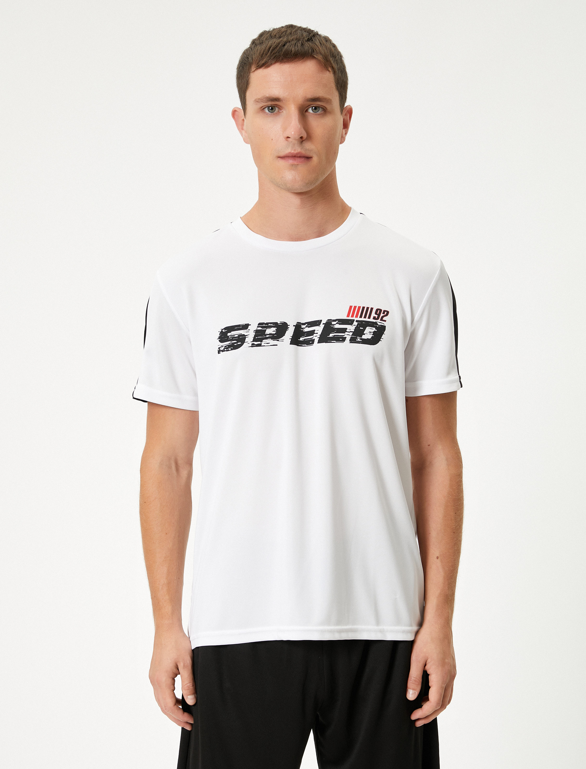   Spor Tişört Slogan Baskılı Bisiklet Yaka Kısa Kollu Çizgi Detaylı