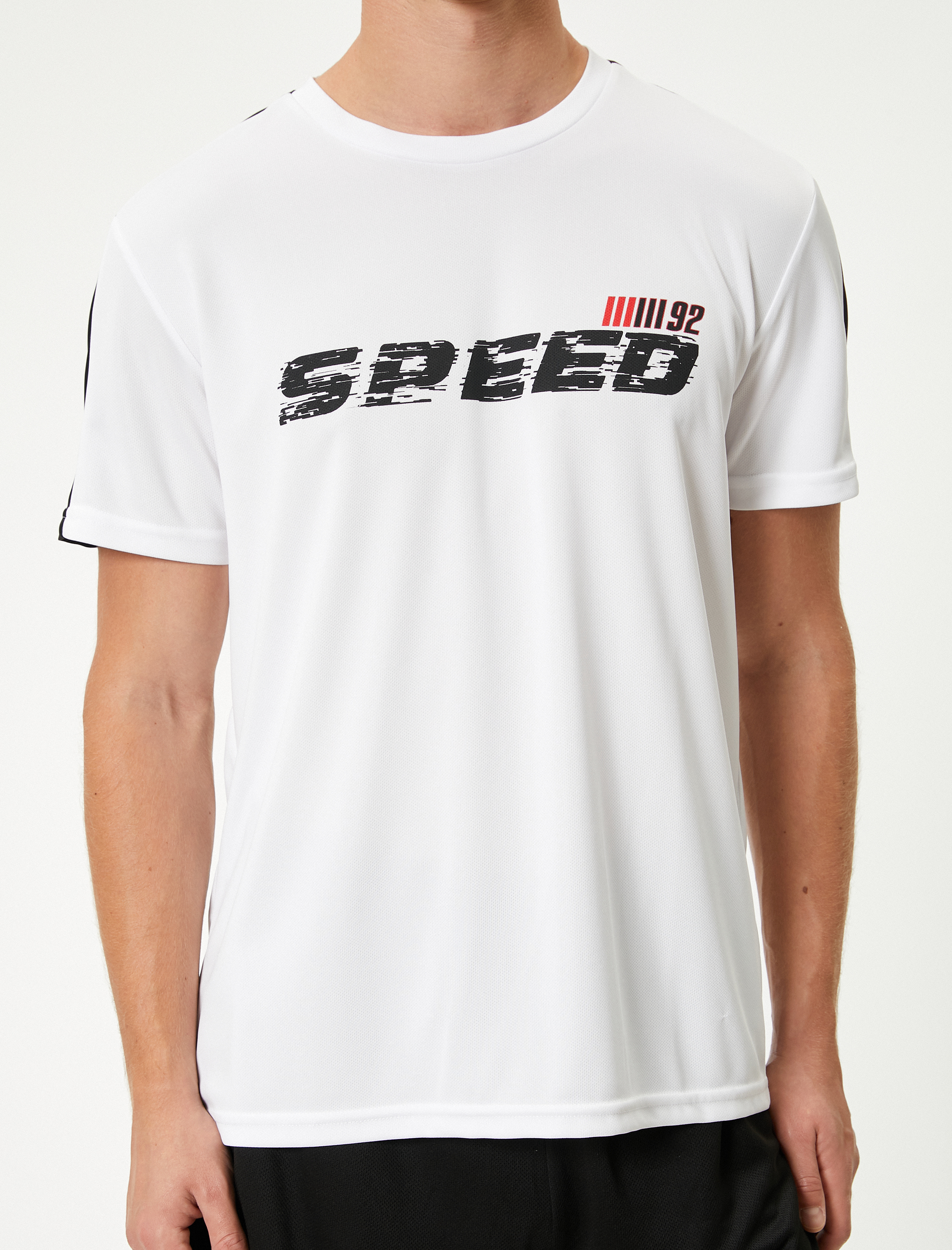   Spor Tişört Slogan Baskılı Bisiklet Yaka Kısa Kollu Çizgi Detaylı