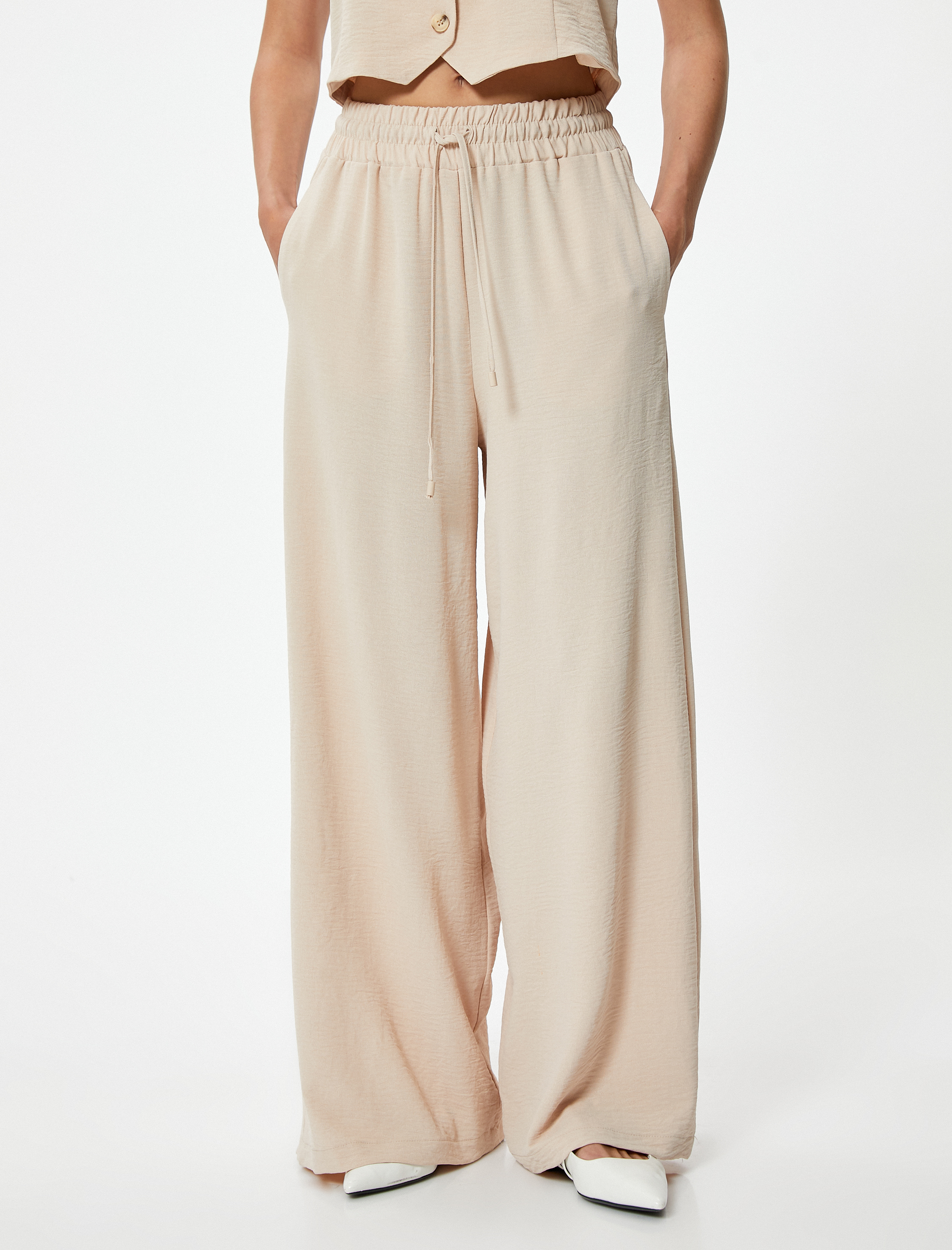   Dökümlü Palazzo Pantolon Beli Lastikli Bağlamalı Cepli