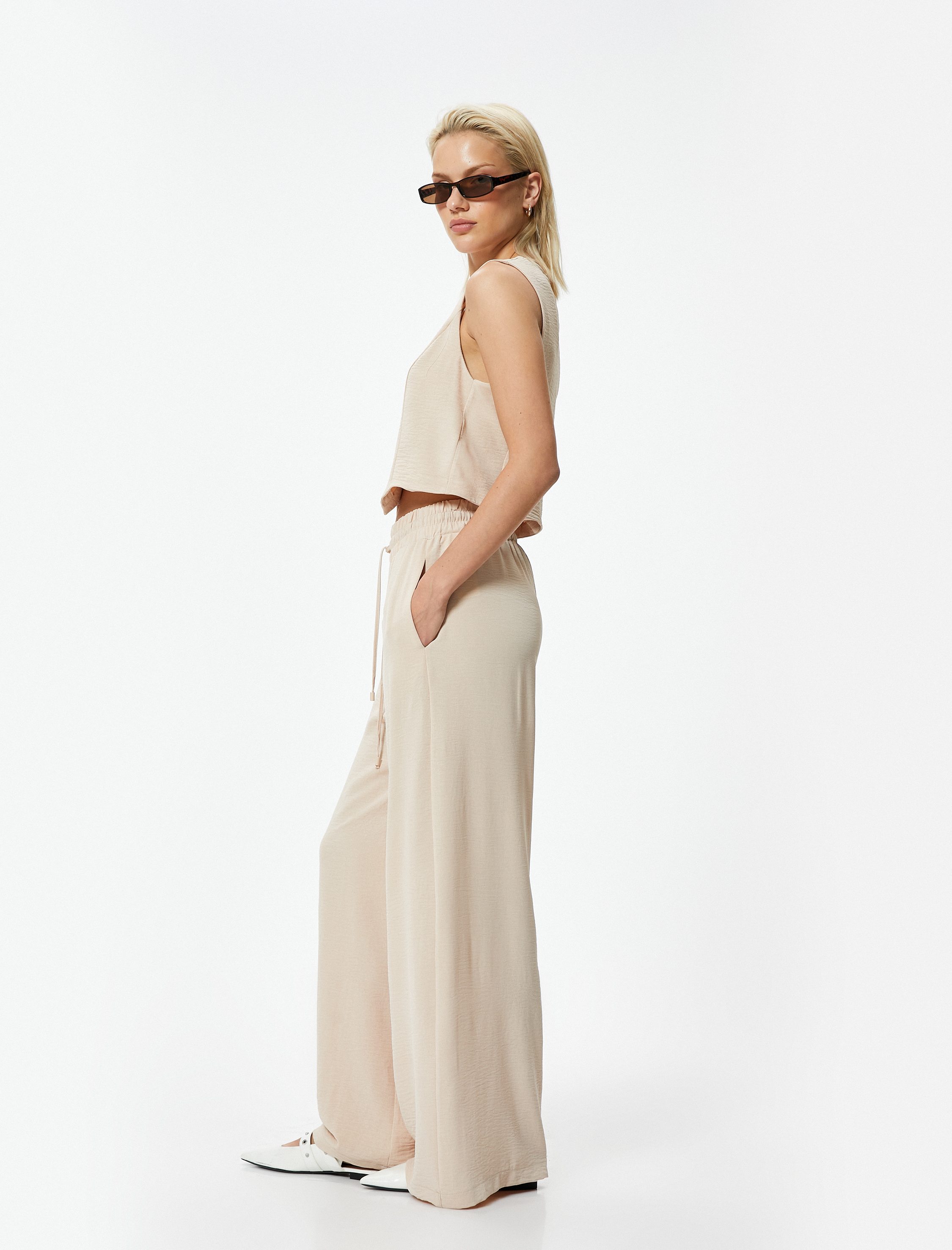   Dökümlü Palazzo Pantolon Beli Lastikli Bağlamalı Cepli