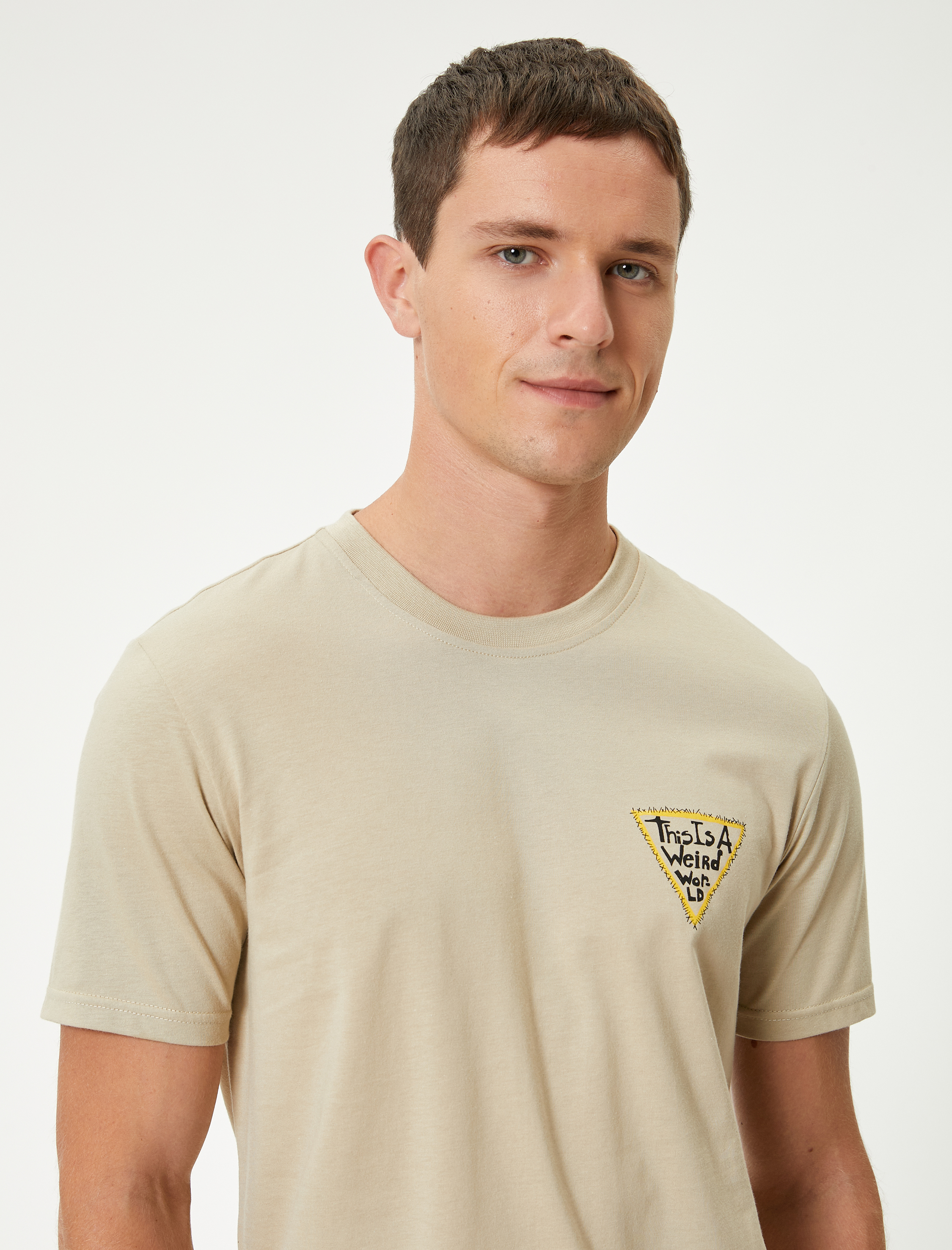   Slim Fit Tişört Slogan Baskılı Kısa Kollu Bisiklet Yaka Pamuklu