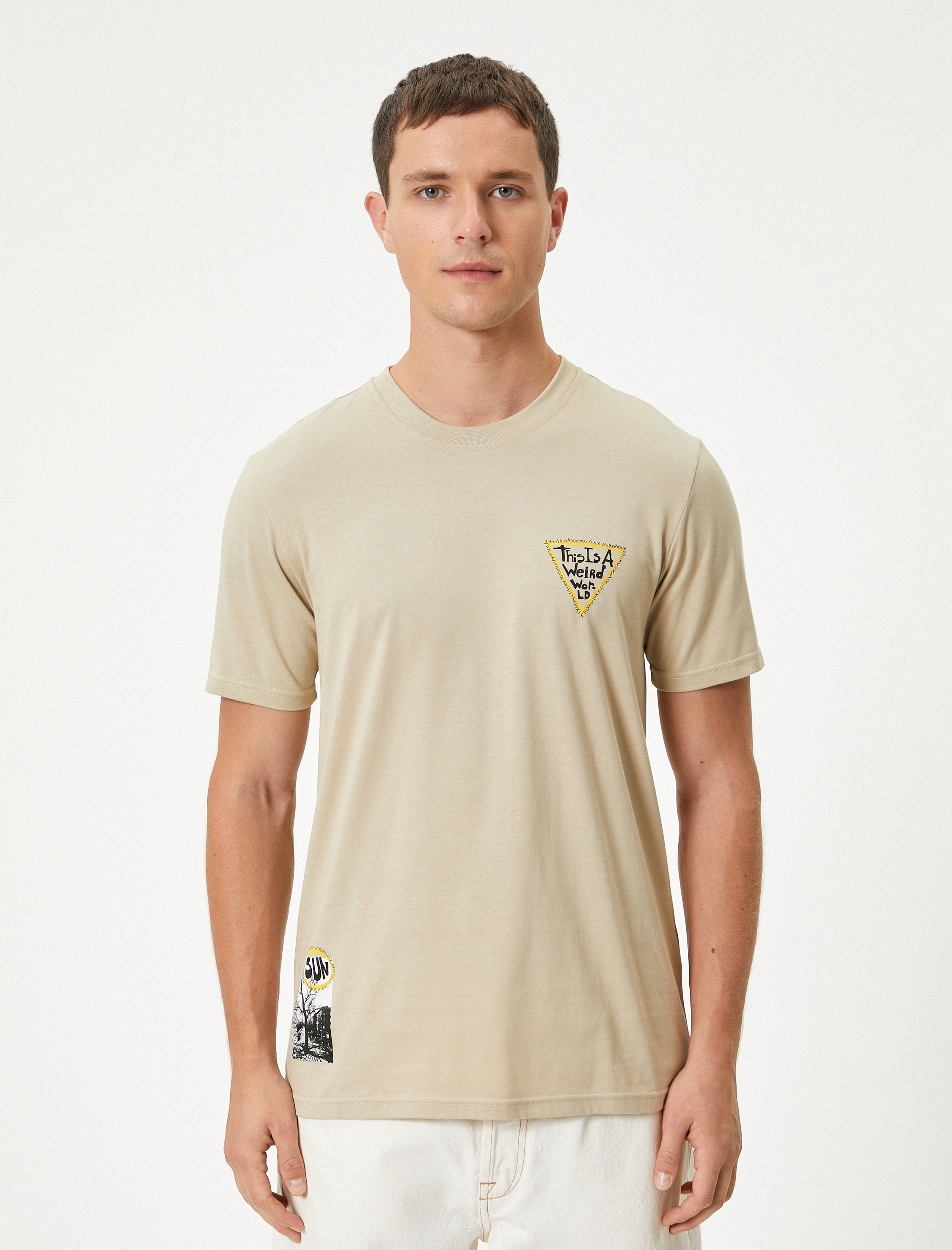   Slim Fit Tişört Slogan Baskılı Kısa Kollu Bisiklet Yaka Pamuklu
