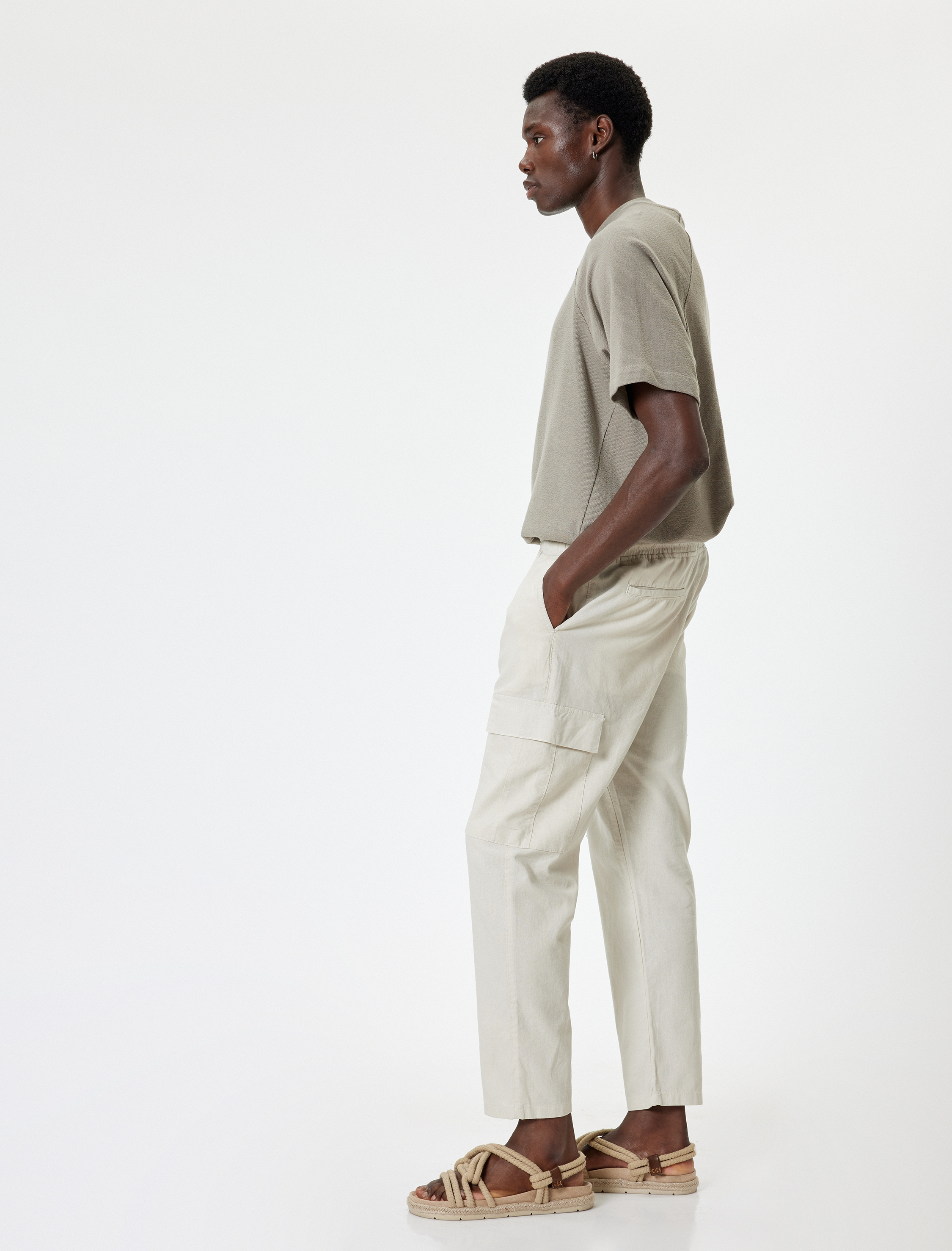   Keten Kargo Pantolon Beli Bağcıklı