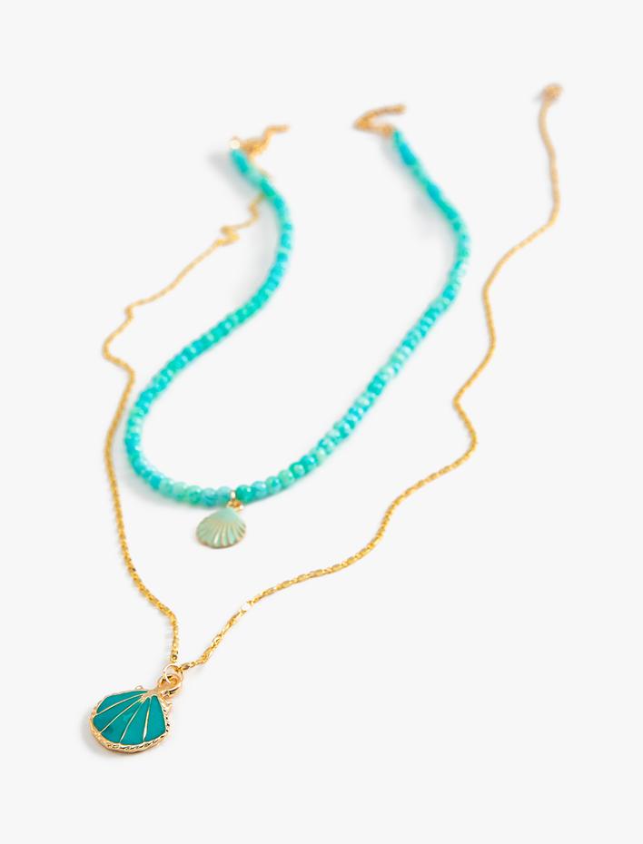 Kadın 2 sıralı Boncuklu Zincir Kolye Deniz Kabuğu Charm Detaylı