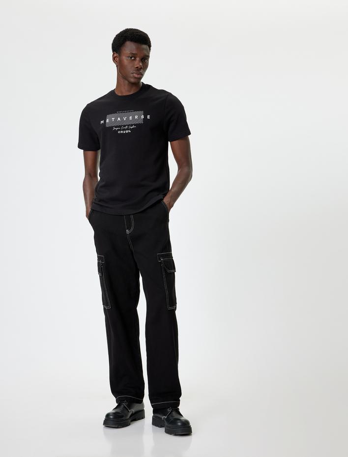  Slogan Baskılı Tişört Kısa Kollu Bisiklet Yaka Pamuklu